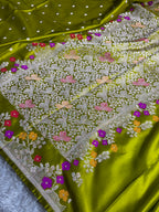 Mehndi Green Mashru Kataan Silk Saree with Zari Boota & Meenakari Border | Rich Pallu Designer Saree | MKS616