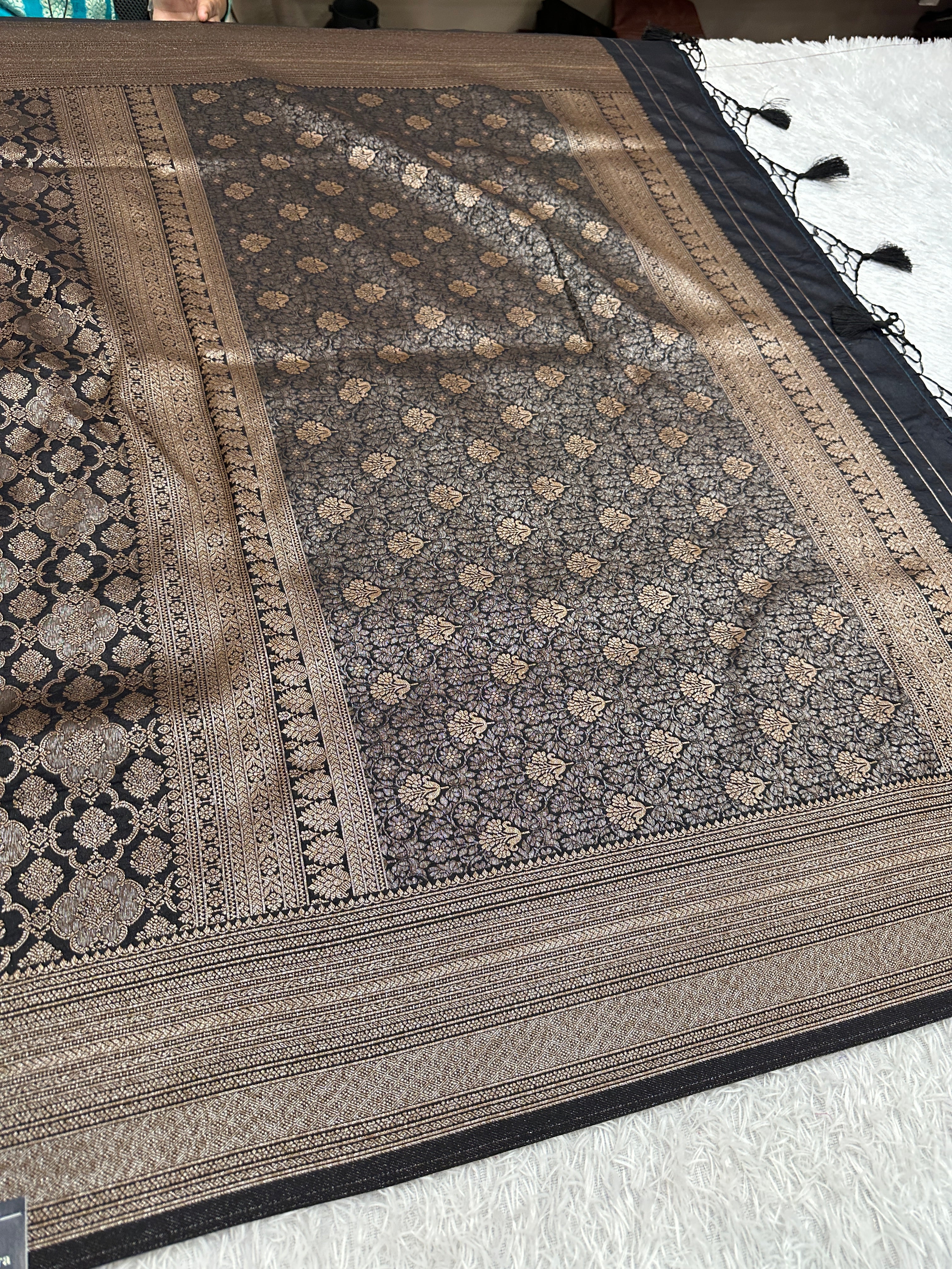 Black Banarasi Dupion Silk Saree with Embossed Antique Zari Weaving & Rich Antique Zari Pallu | STF100