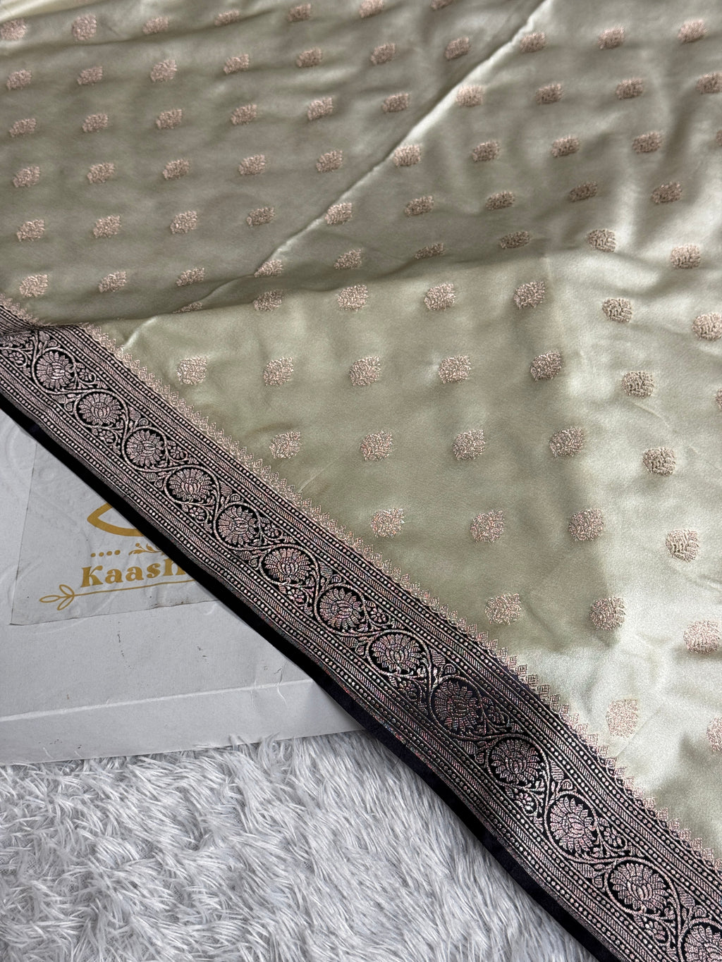 Cream & Black Mashru Kataan Silk Saree with Buta Woven Design and Rich Zari Pallu | MKS644