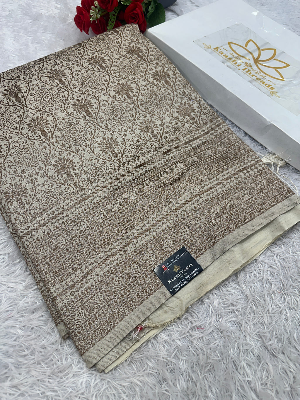 Cream Banarasi Dupion Silk Saree with Embossed Antique Zari Weaving & Rich Antique Zari Pallu | STF80