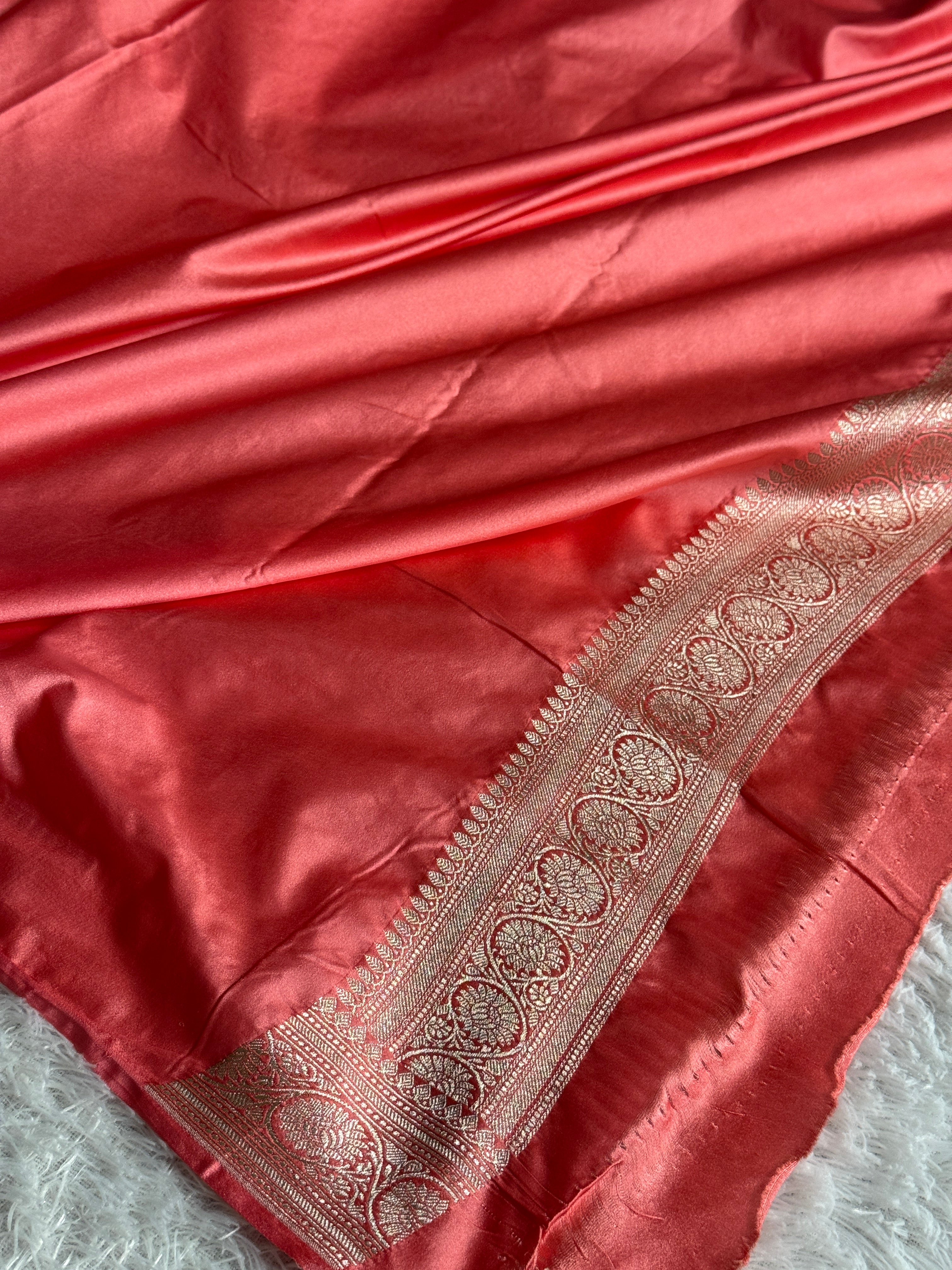 MKS690 – Mehndi & Peach Banarasi Mashru Kataan Silk Saree with Buta Woven Design
