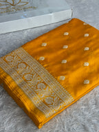 Mustard Yellow Banarasi Mashru Kataan Silk Saree with Zari Buta Weaving | Rich Zari Pallu | MKS637 | Kaashi Threads