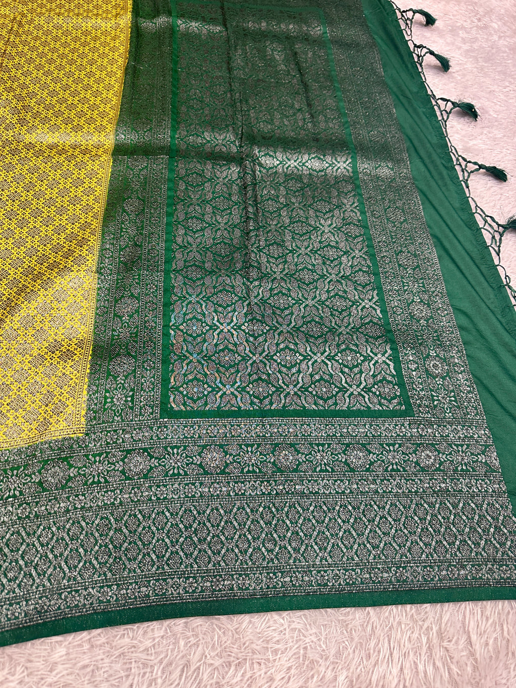 STF44 – Radiant Lemon Yellow Dupion Saree with Silver-Black Antique Zari Weaving