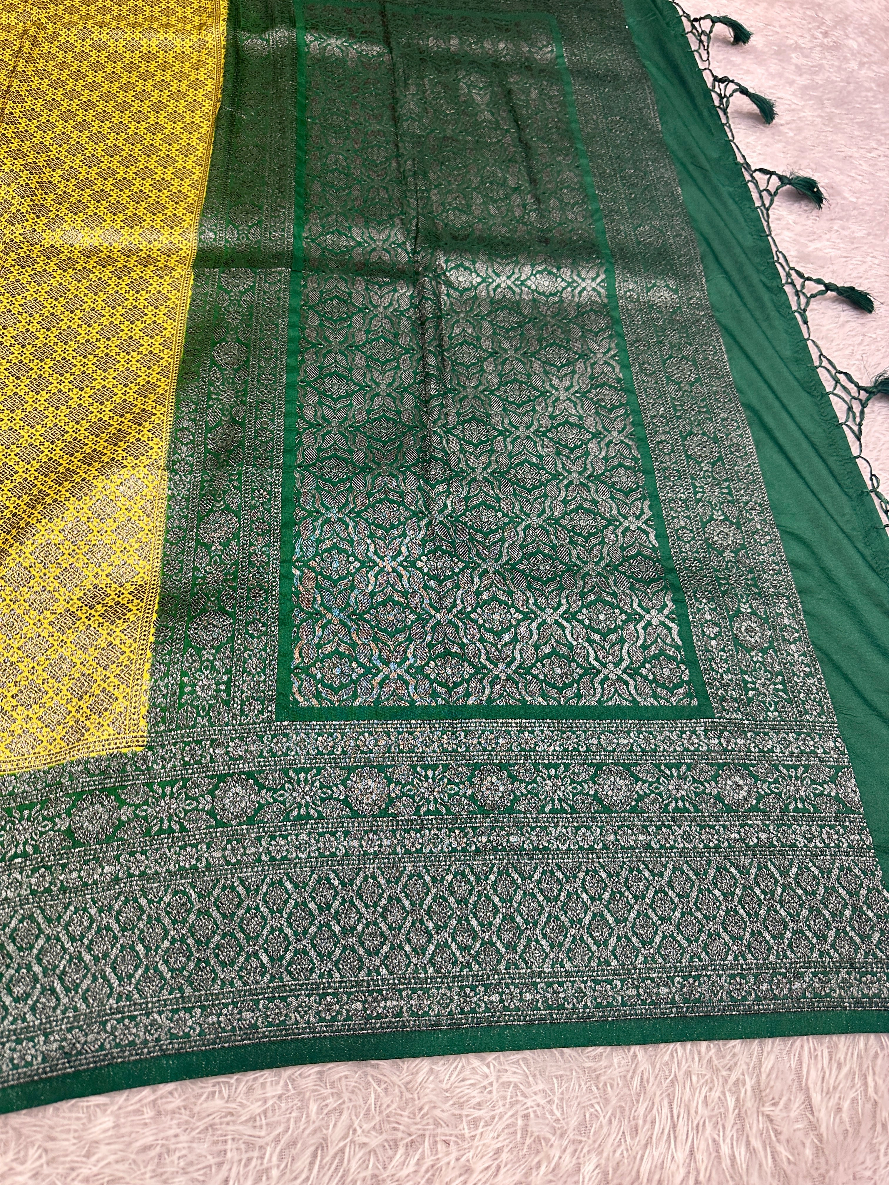STF44 – Radiant Lemon Yellow Dupion Saree with Silver-Black Antique Zari Weaving