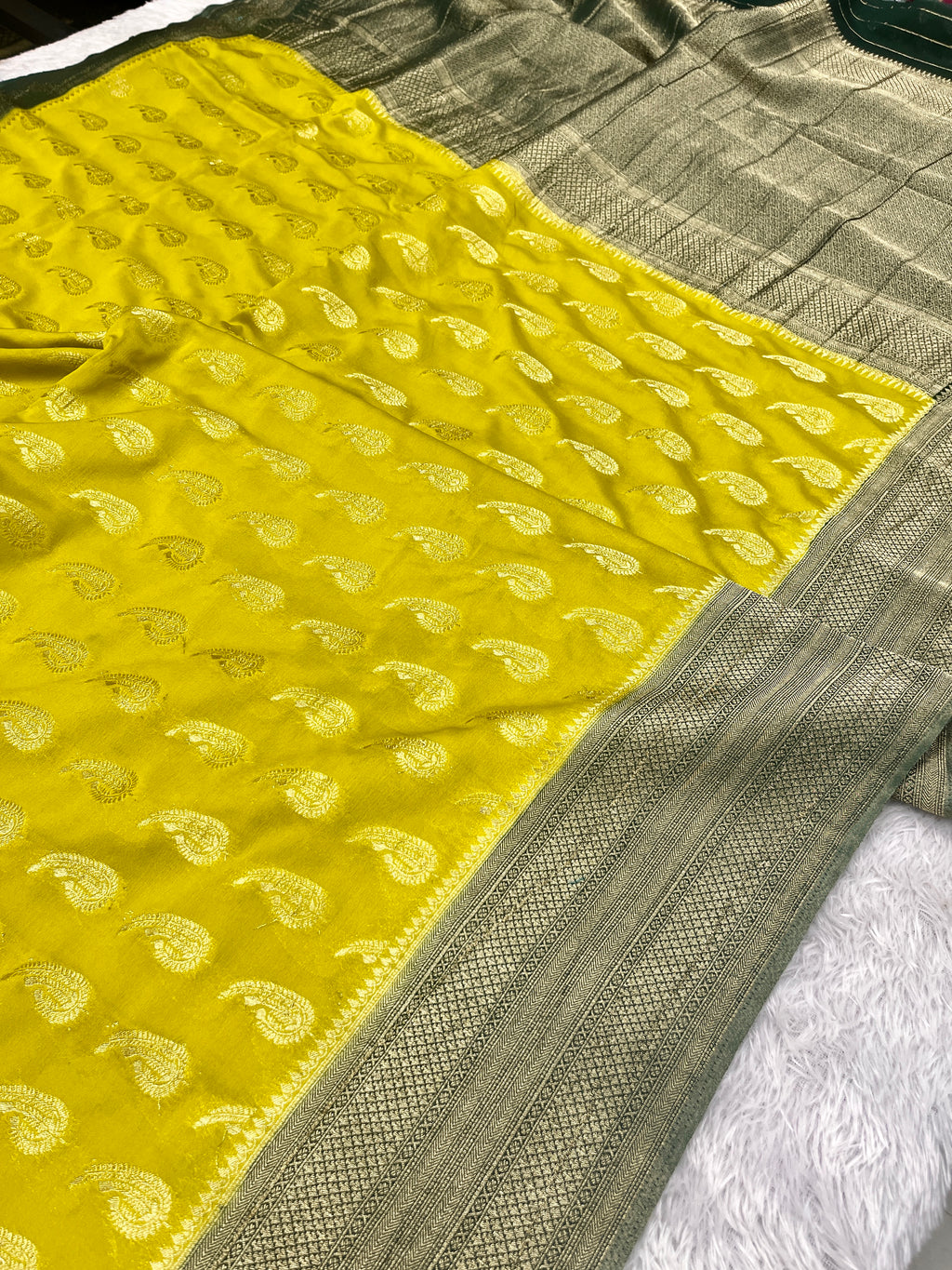 Chinon Silk Karry  Buta  Design Lemon with Green  color  Saree CN07