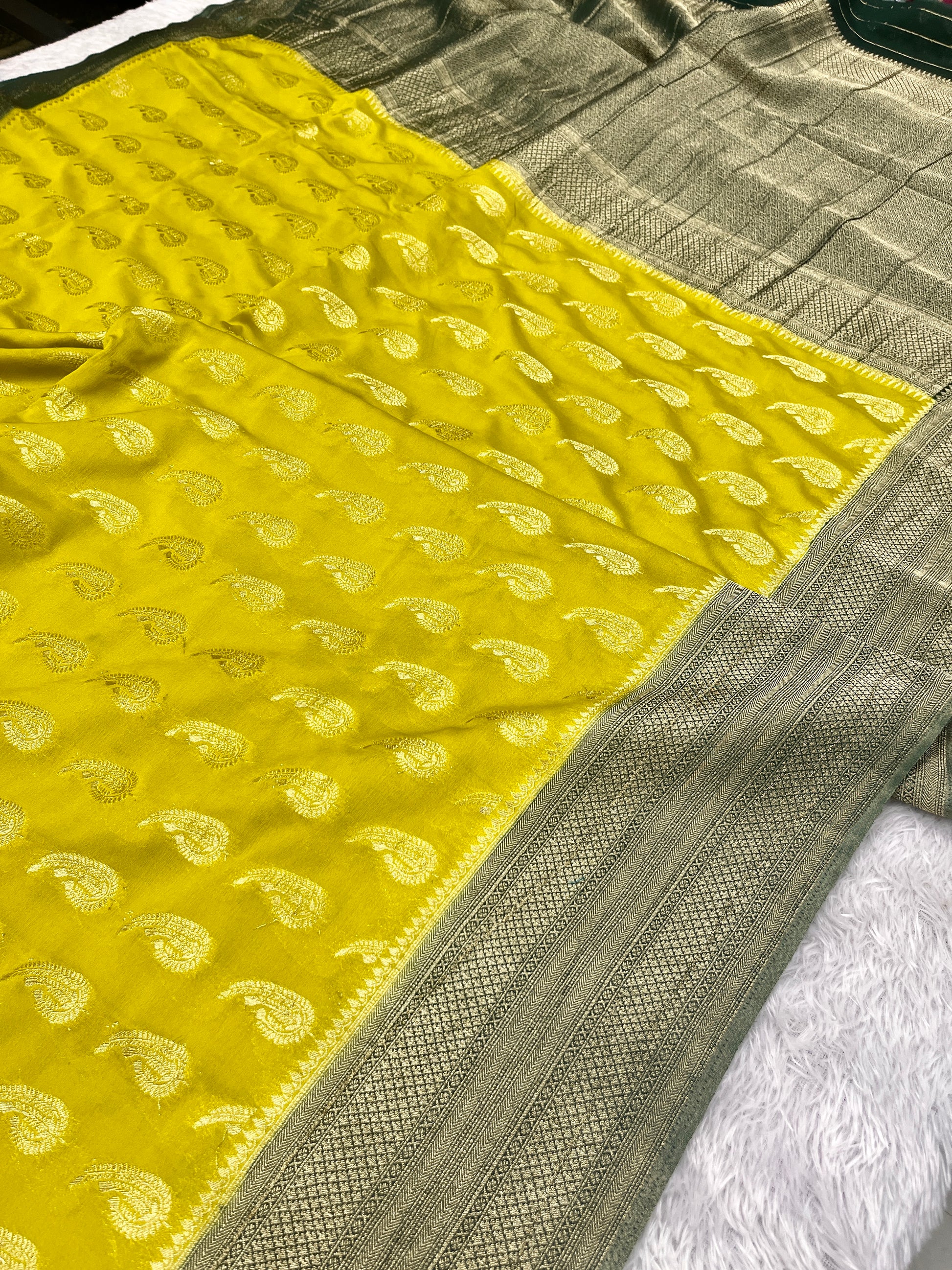 Chinon Silk Karry  Buta  Design Lemon with Green  color  Saree CN07