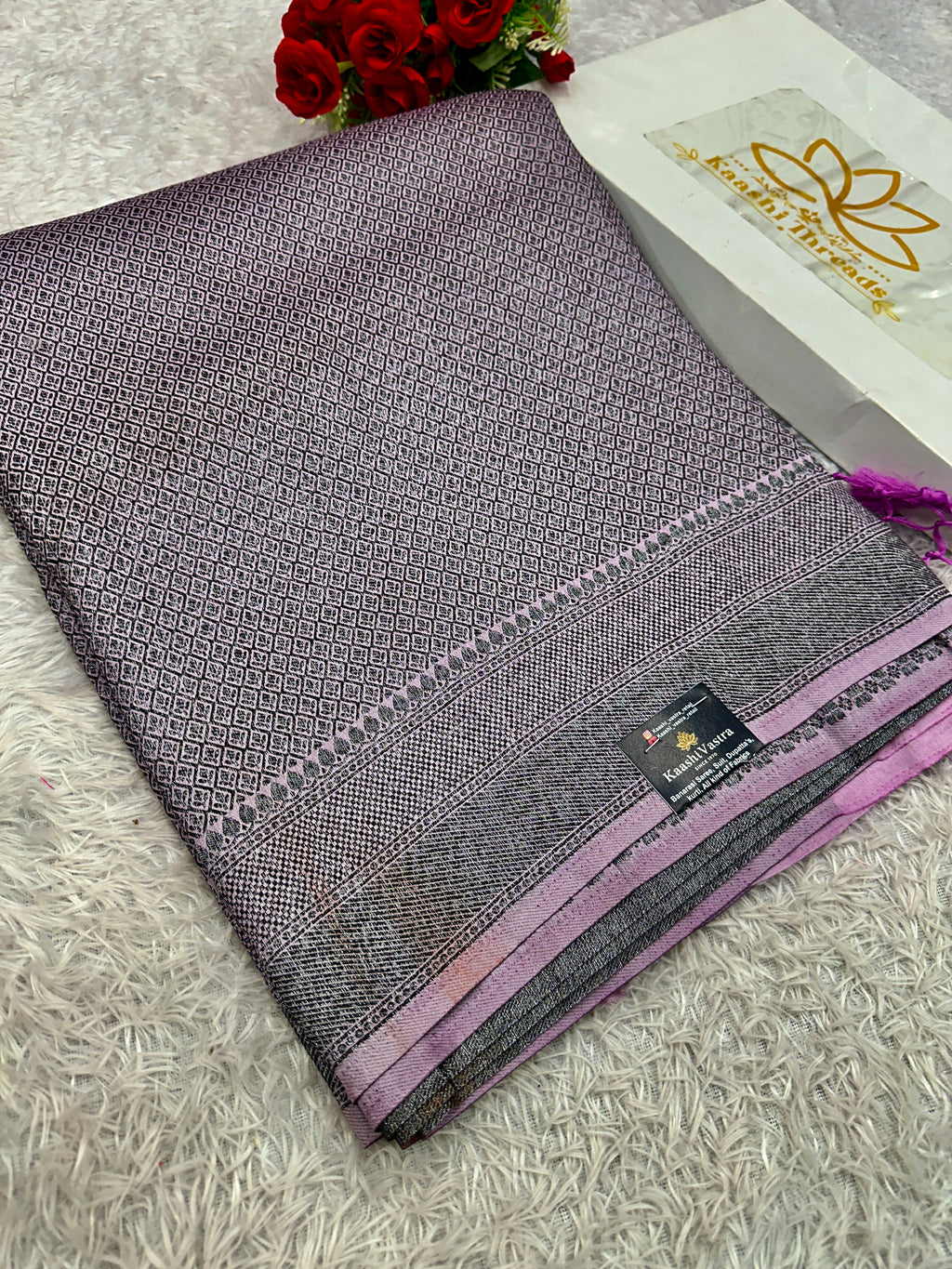 STF55 – Elegant Lavender Dupion Saree with Embossed Square Woven Designs