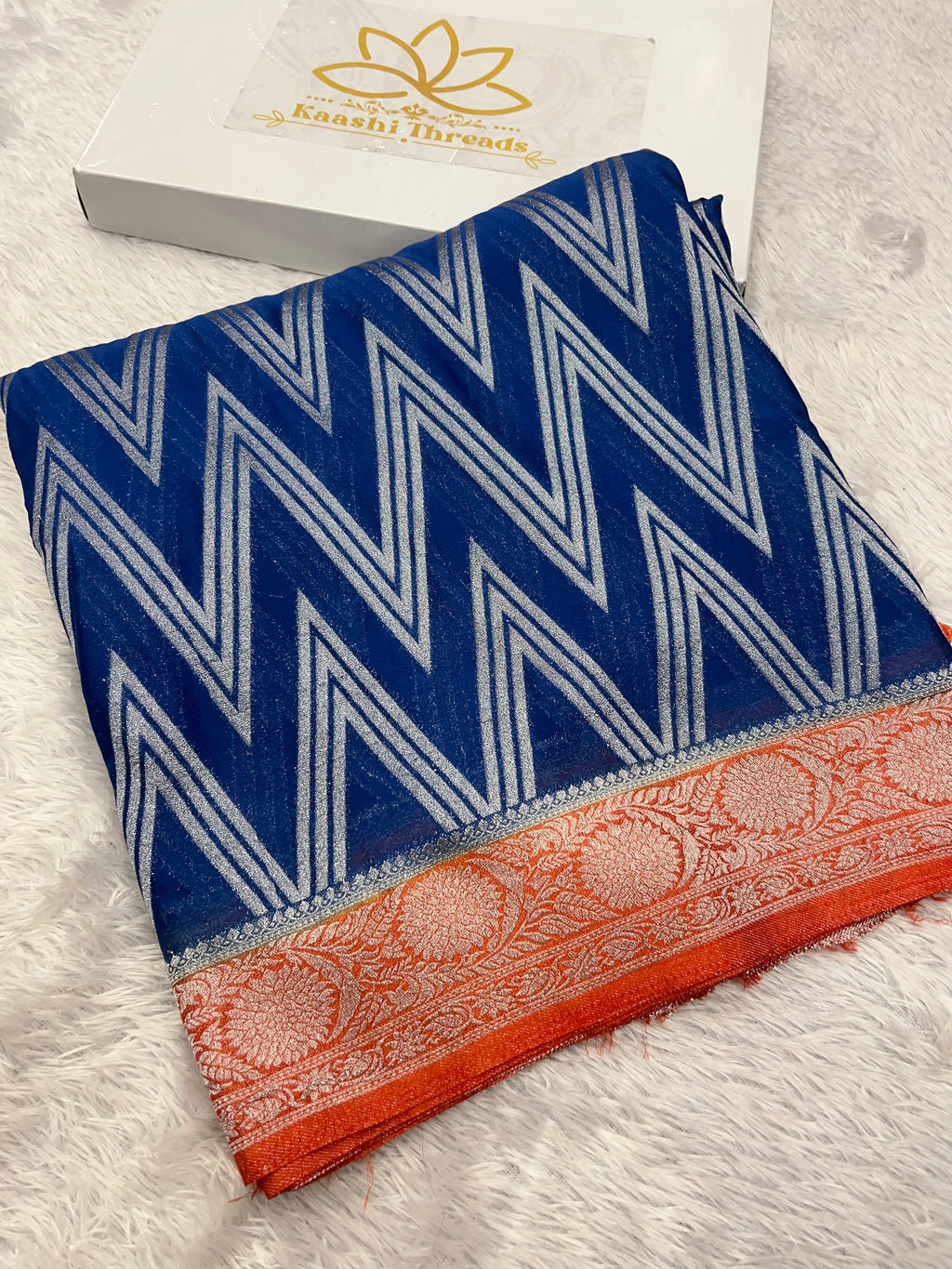 K Chinon Silk Zig Zag Design Navy with Orange Color Saree CN09