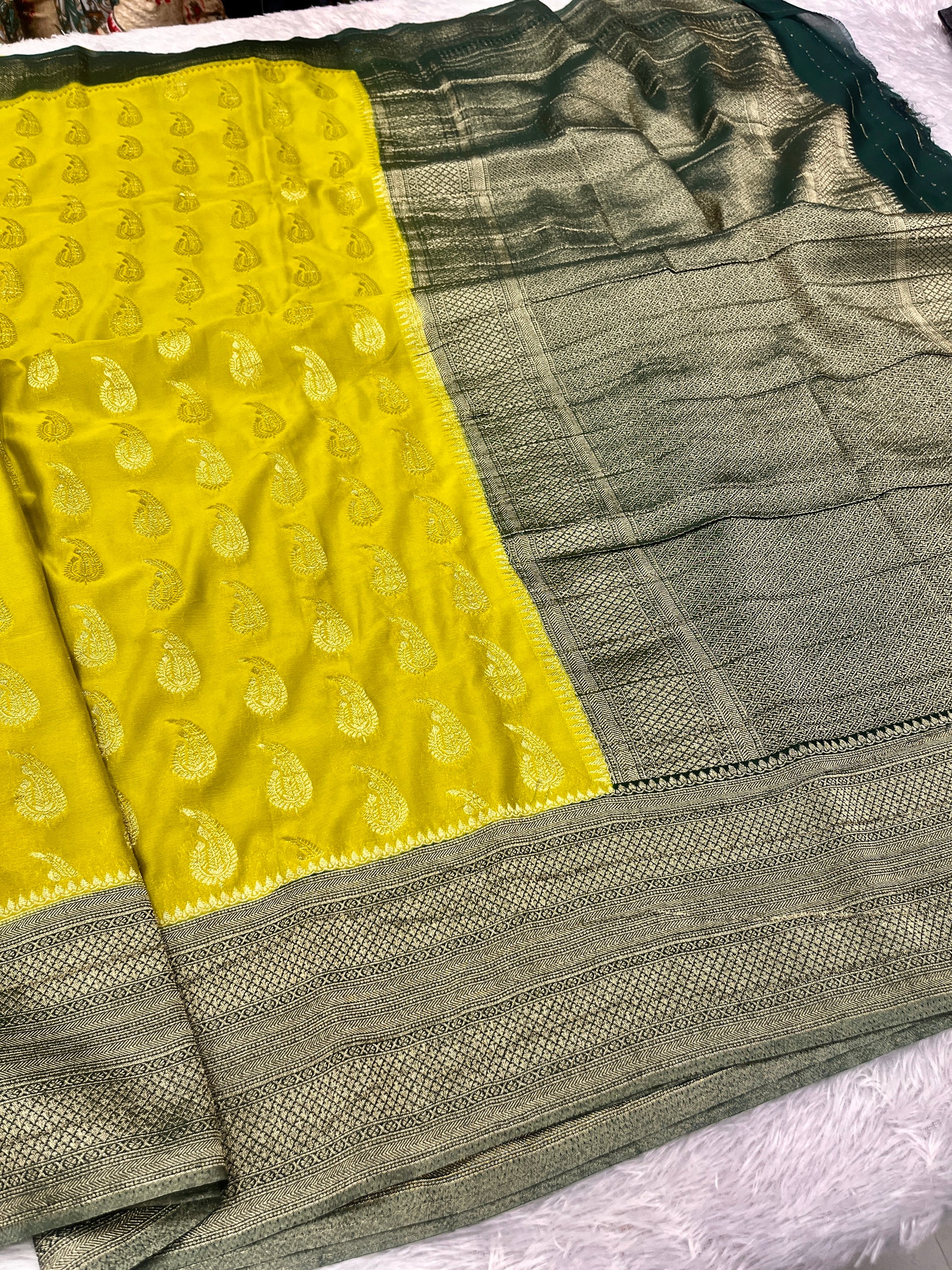 Chinon Silk Karry  Buta  Design Lemon with Green  color  Saree CN07