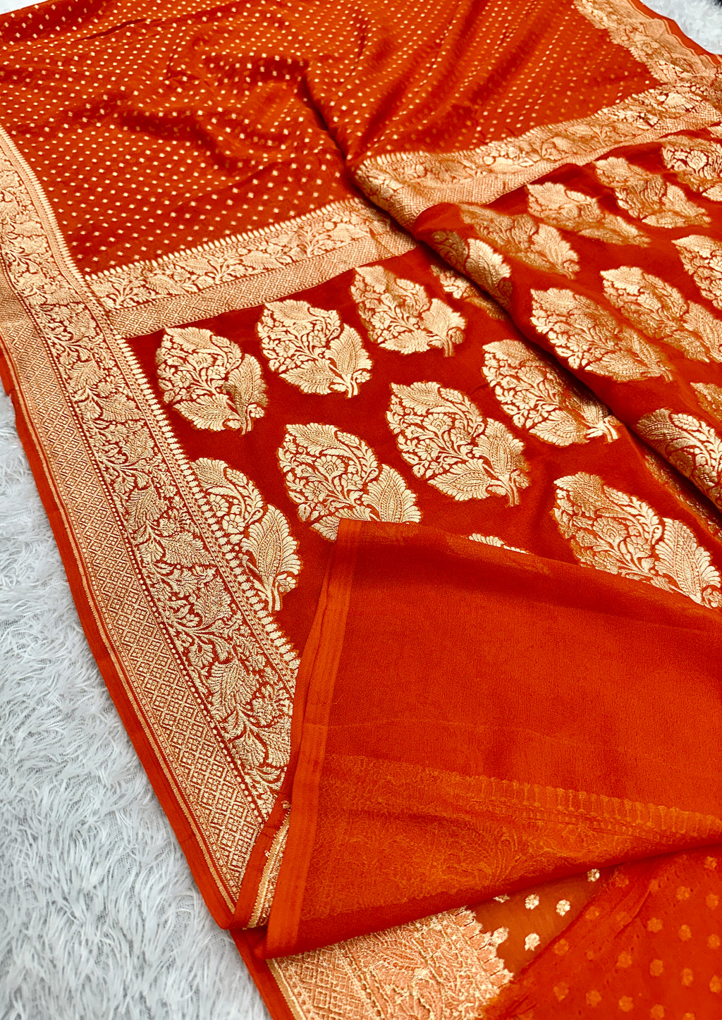 Pure Natural Silk Khaddi Georgette Saree – Orange | Chunri Buti Woven Design PSG11