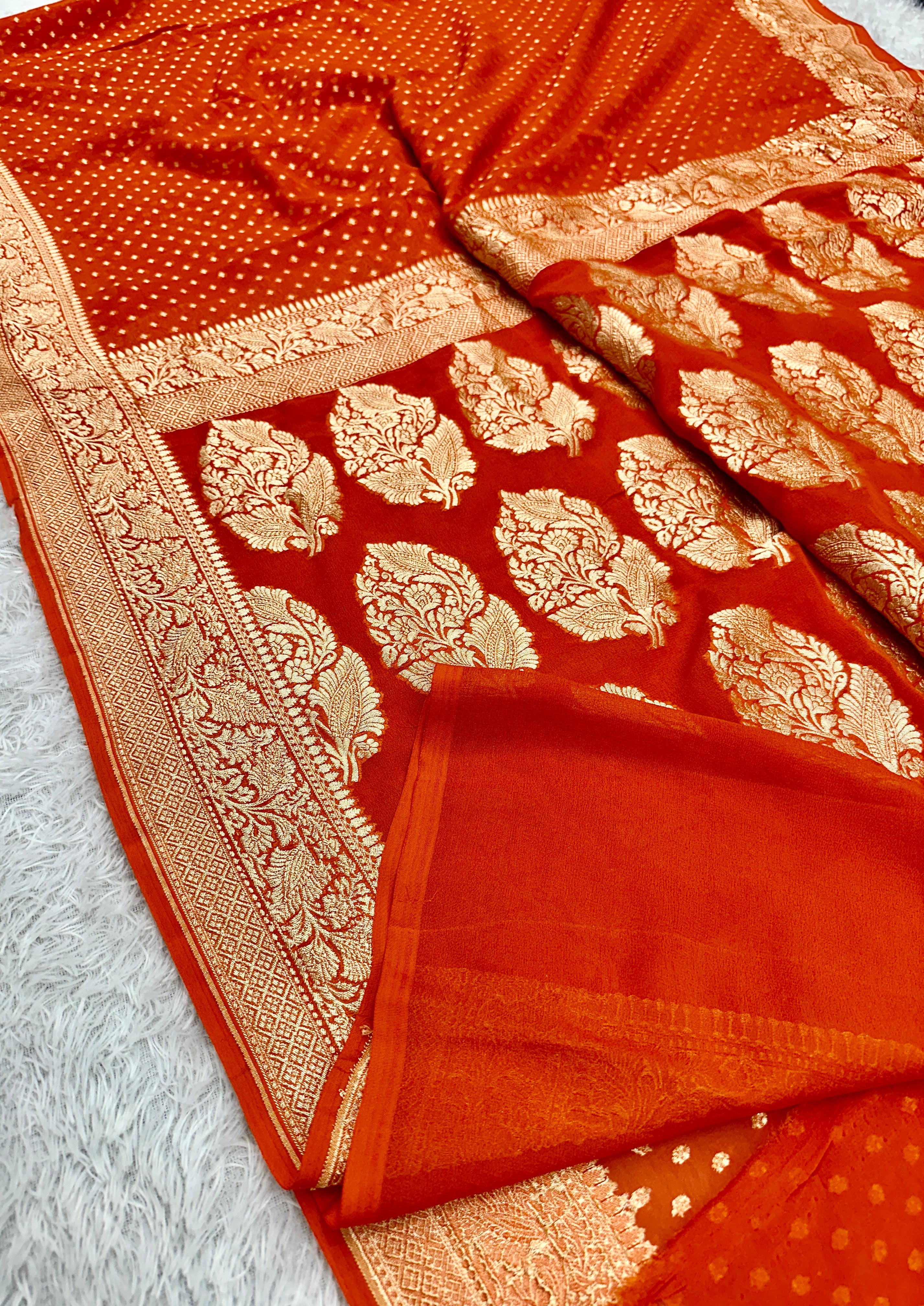 Pure Natural Silk Khaddi Georgette Saree – Orange | Chunri Buti Woven Design PSG11