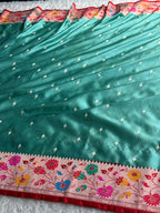 Banarasi Mashru Kataan Silk Saree Sea Green with Red Paithani Border | MKS743