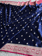 Royal Navy Blue Mashru Kataan Silk Banarasi Saree with Reddish Pink Contrast Border – MKS671