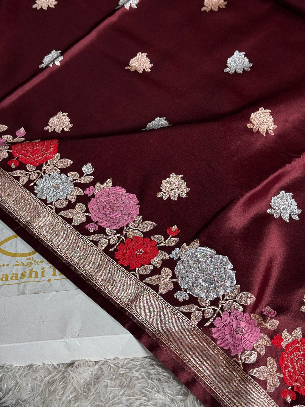 Maroon Mashru Kataan Silk Saree with Zari Buta & Meenakari Border | Rich Zari Pallu | MKS507