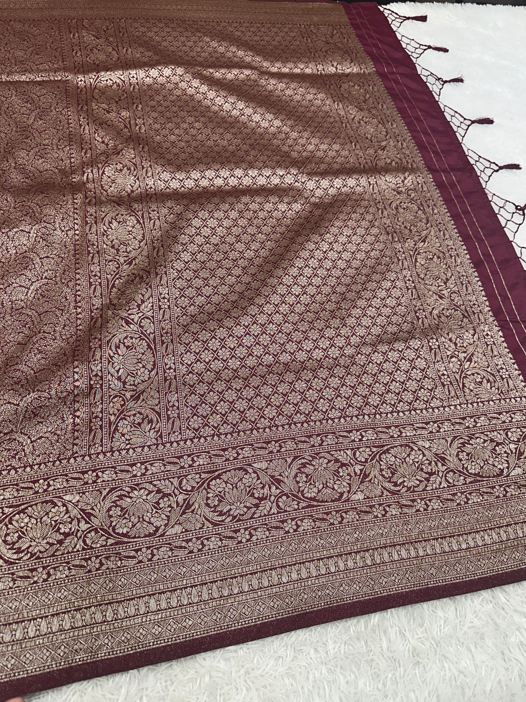 Wine Banarasi Dupion Silk Saree with Embossed Antique Zari Weaving & Rich Antique Zari Pallu | STF65