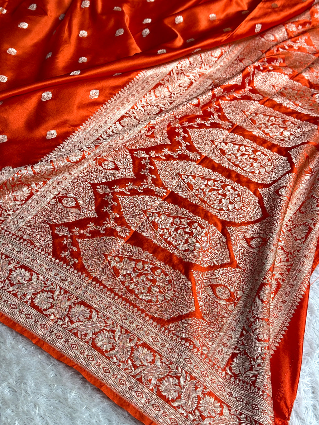 Orange Mashru Kataan Silk Saree with Buta Design & Rich Zari Pallu | MKS642