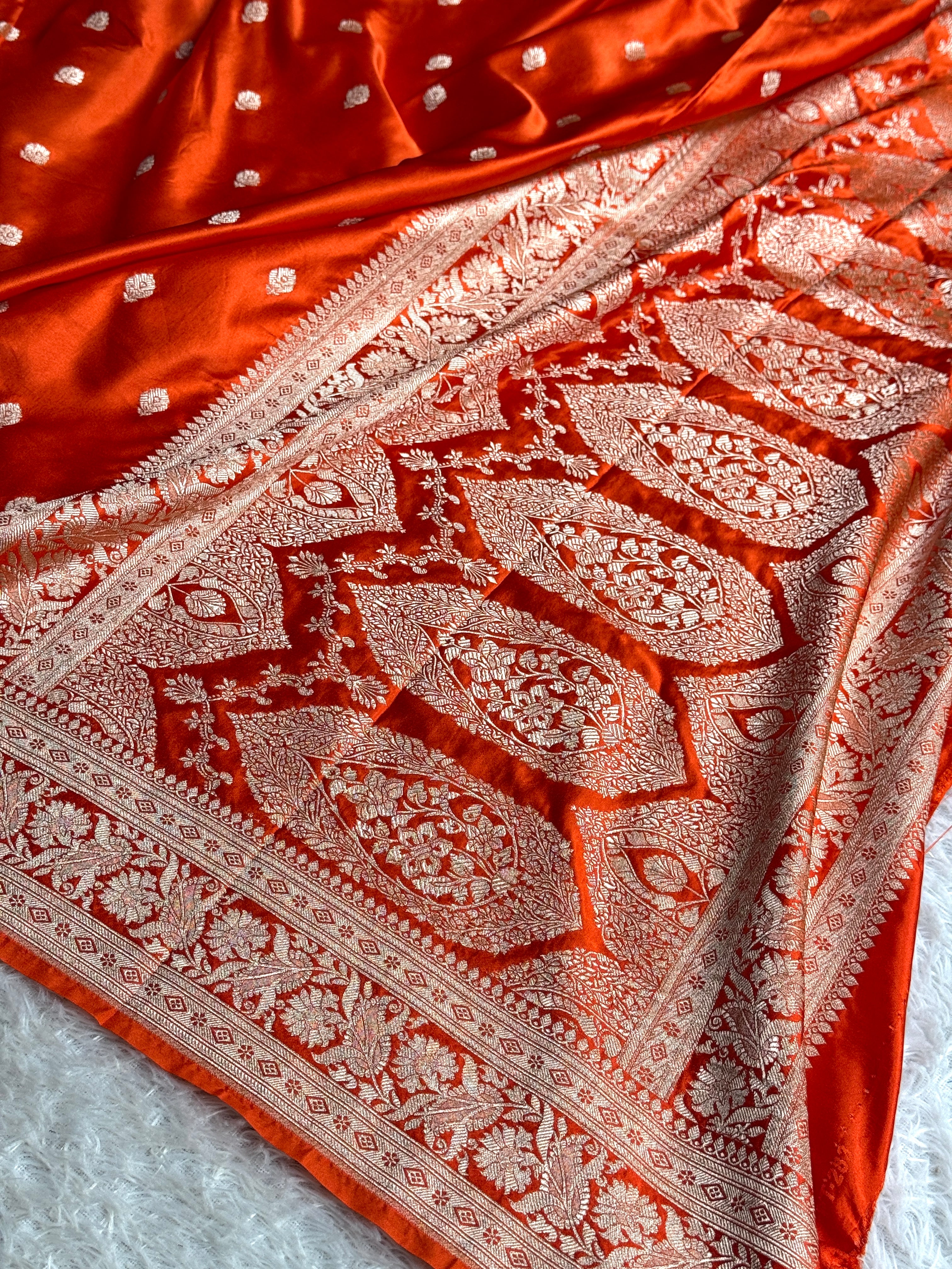 Orange Mashru Kataan Silk Saree with Buta Design & Rich Zari Pallu | MKS642