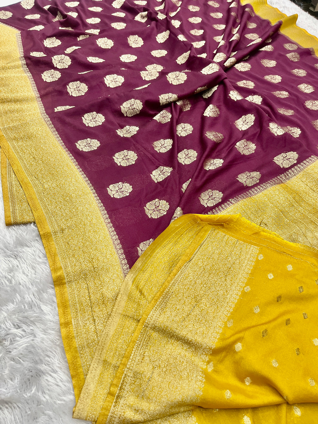 Chinon Silk Royal Buta Design Wine with Yellow  Saree CN08