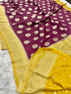 Chinon Silk Royal Buta Design Wine with Yellow  Saree CN08