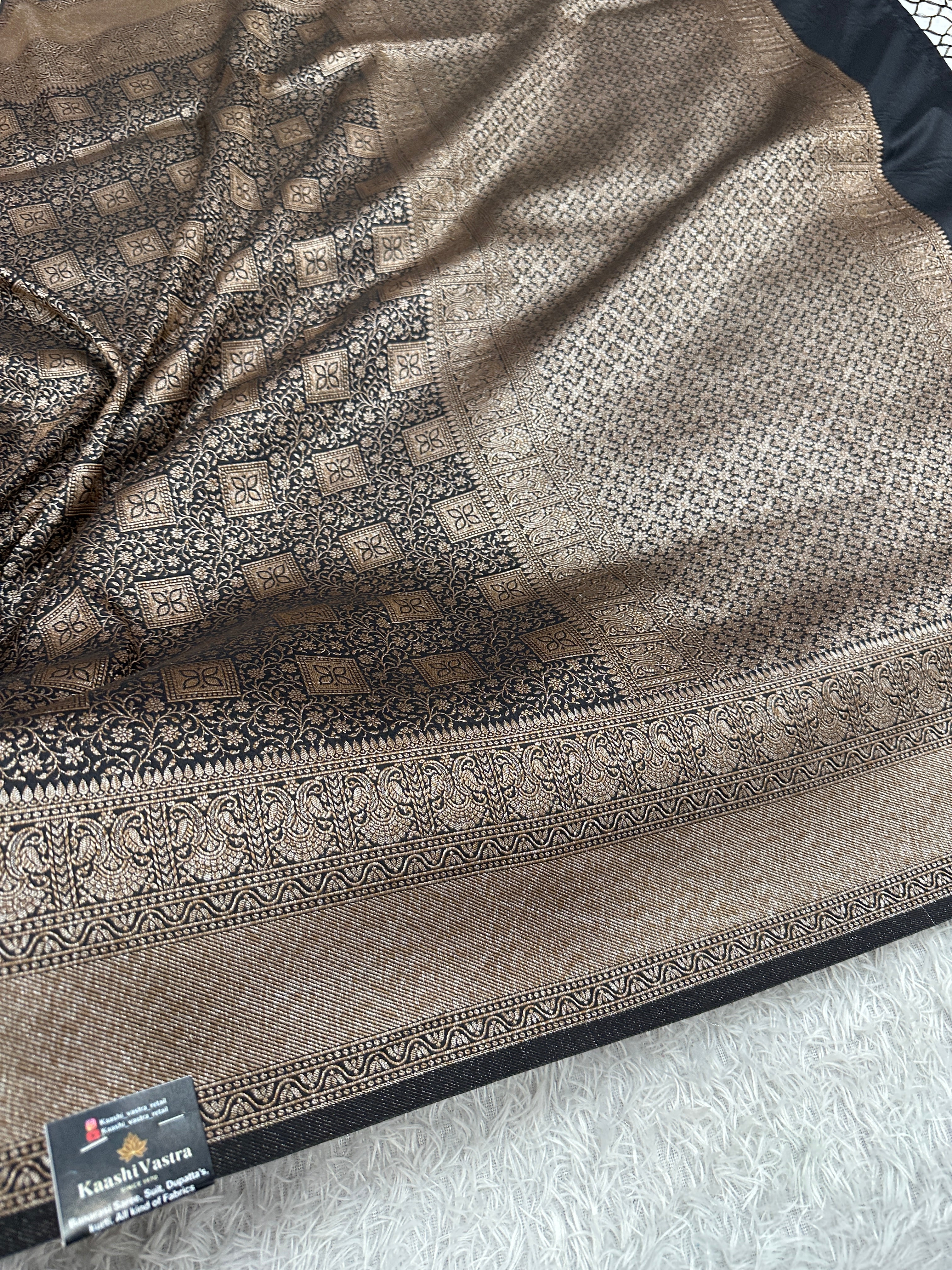 Black Banarasi Dupion Silk Saree with Embossed Antique Zari Weaving & Rich Antique Zari Pallu | STF101