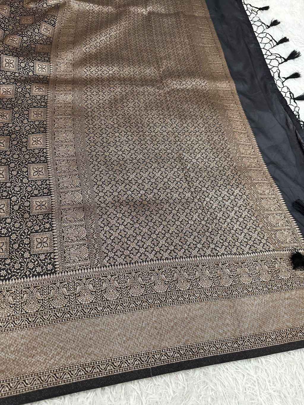 Black Banarasi Dupion Silk Saree with Embossed Antique Zari Weaving & Rich Antique Zari Pallu | STF101