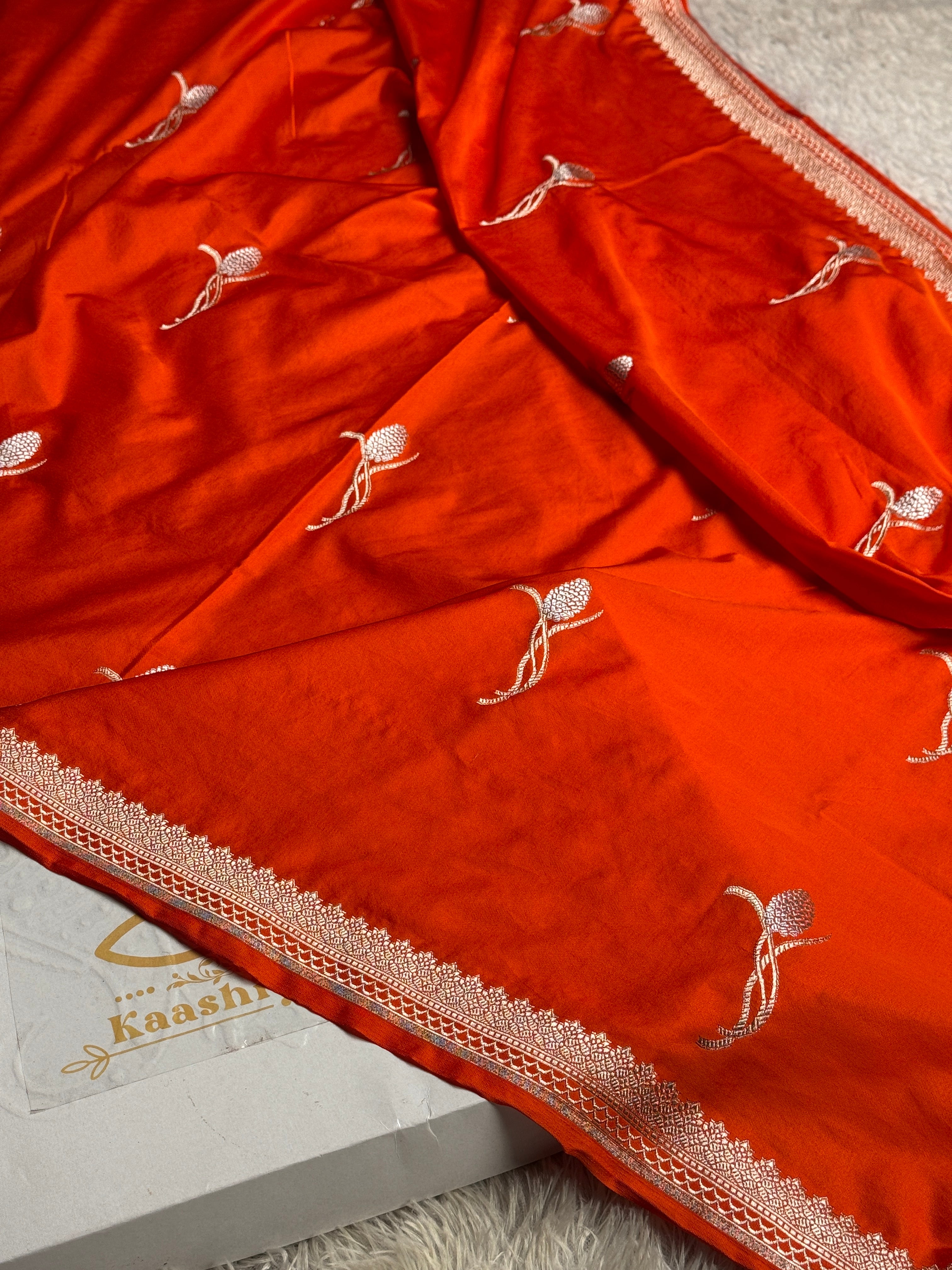 Orange Silver Meena Buta Banarasi Satin Mashru Silk Saree – Running Blouse | 780g MKS234