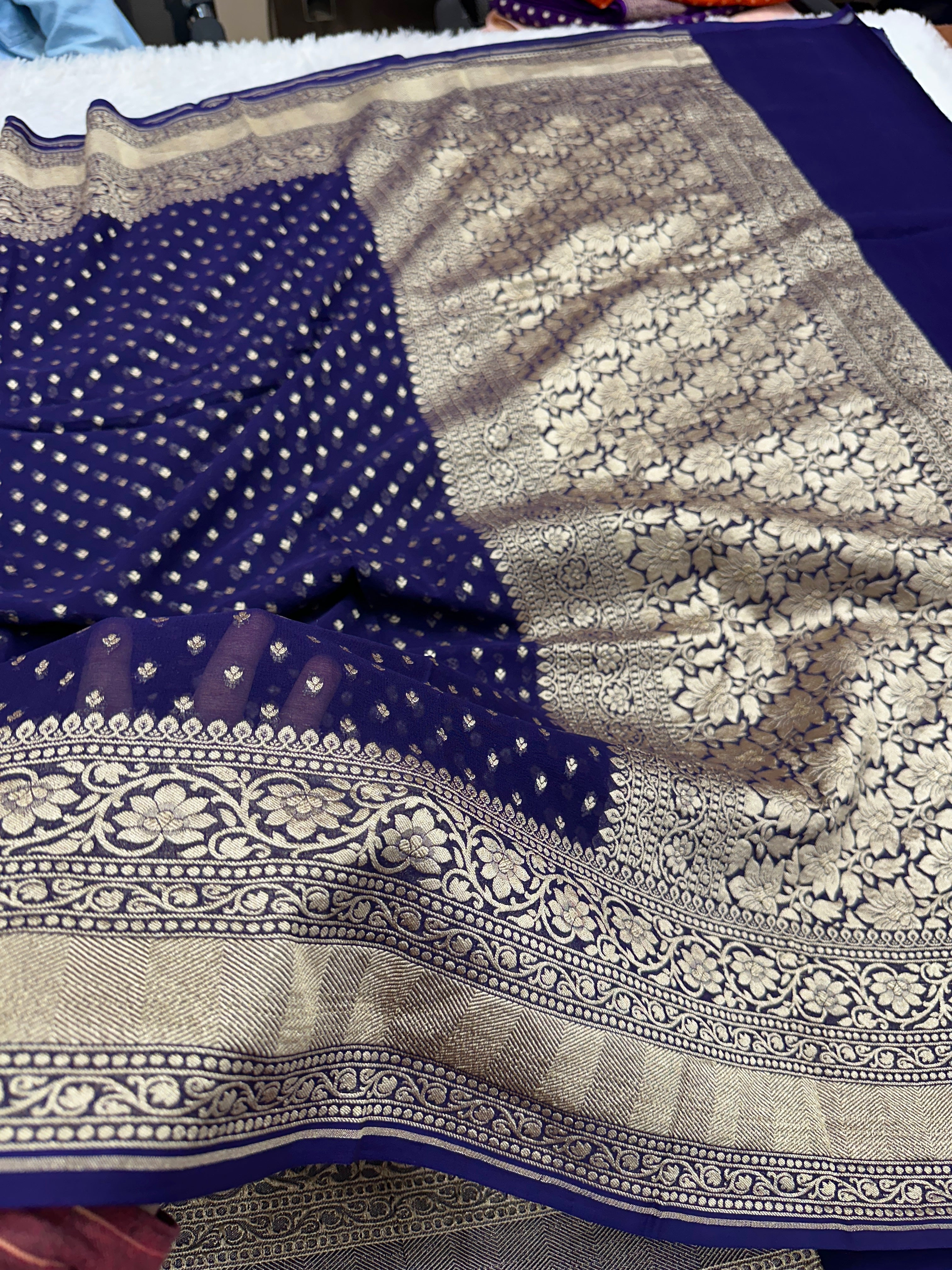 Pure Natural Silk Khaddi Georgette Saree – Blue | Chunri Buti Woven Design PSG11