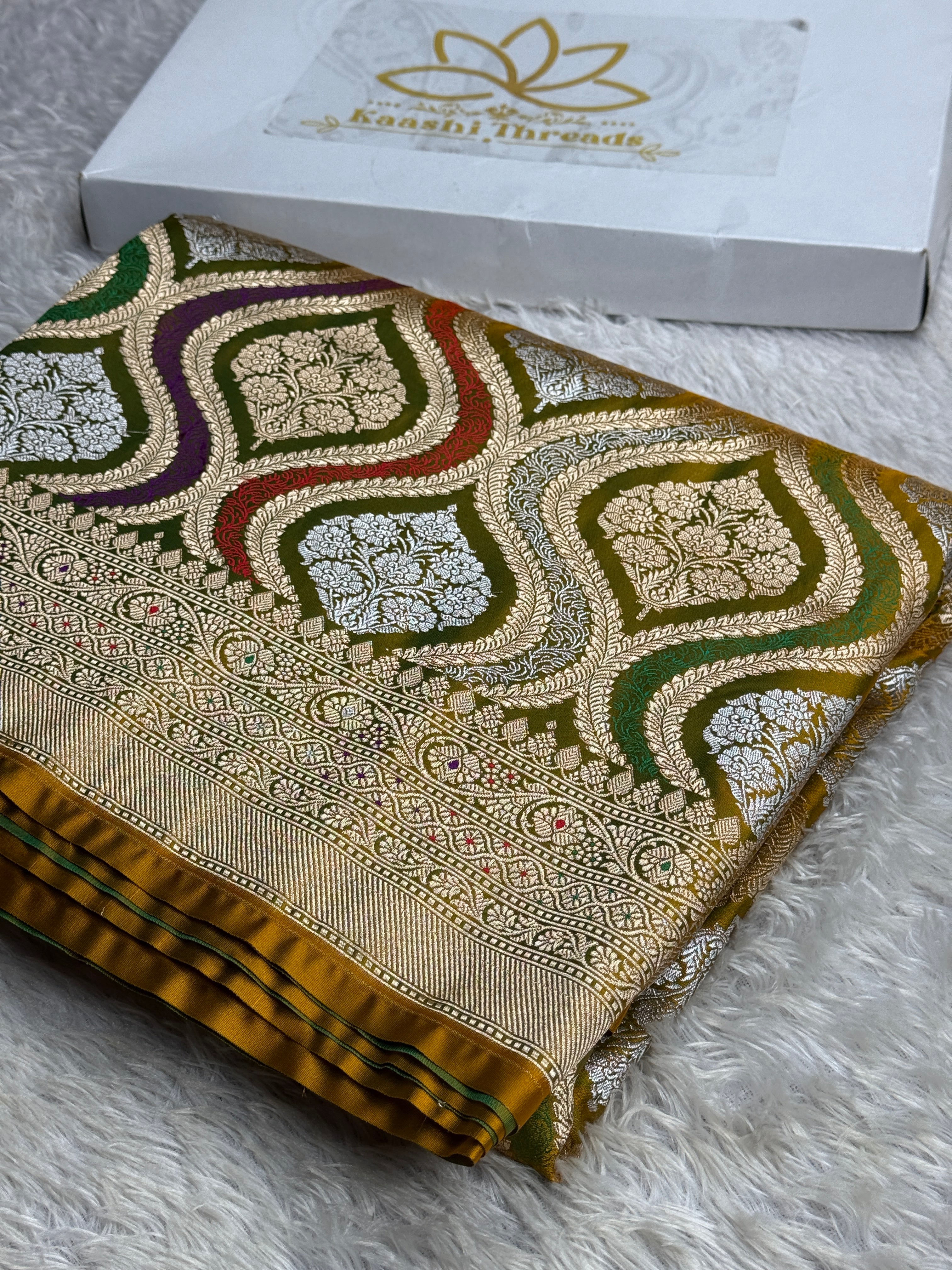 Mehndi Yellow Banarasi Mashru Silk Saree with Meena Jaal Woven Pattern – MKS307