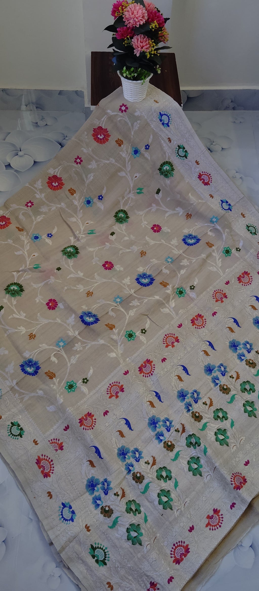 Pure Silk Tussar Banarasi Saree with All-over Meenakari Jaal Woven Pattern TSS12
