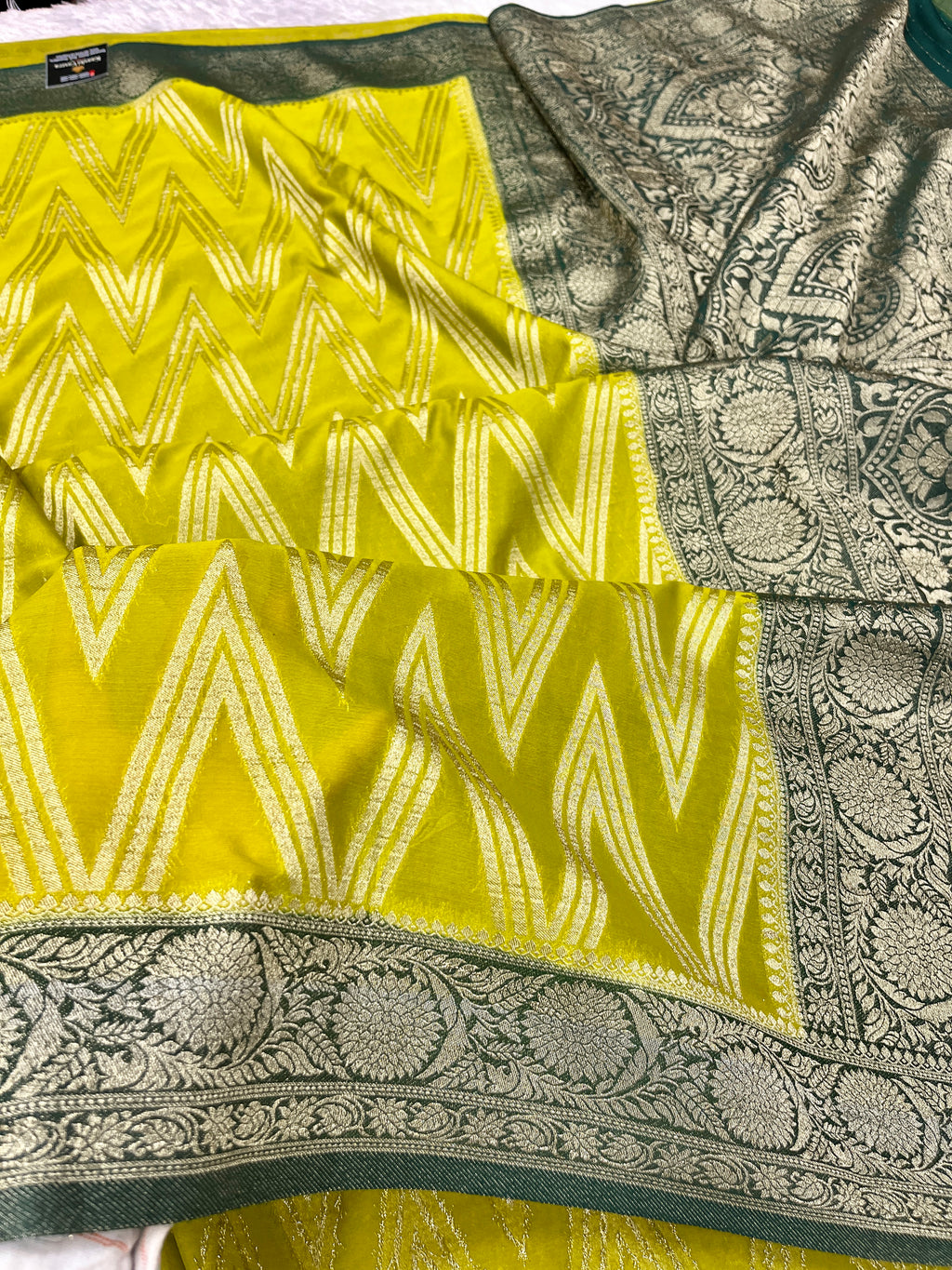 Chinon Silk Zig Zag Design Lemon with Green Color Saree CN09