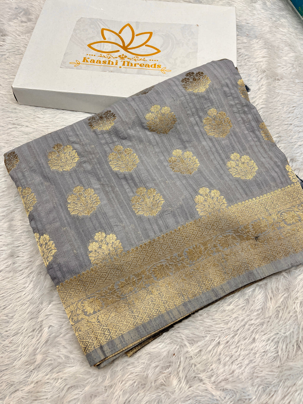 Raw Silk Zari Buta Grey  color  Saree RS002