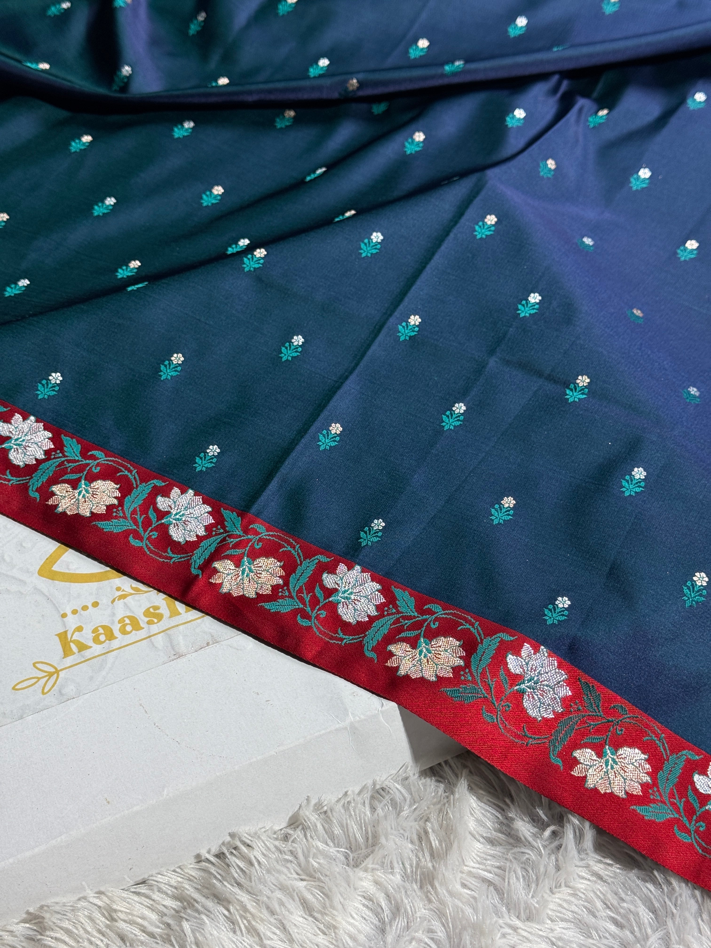 Peacock Green Premium Banarasi Mashru Silk Saree with Buti Woven Pattern & Satin Red Border MKS151