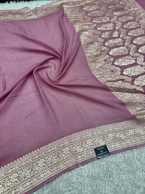 Pure Silk Georgette Burgundy & Light Pink Banarasi Saree with Nimzari Woven Border & Rich Zari Pallu PS154
