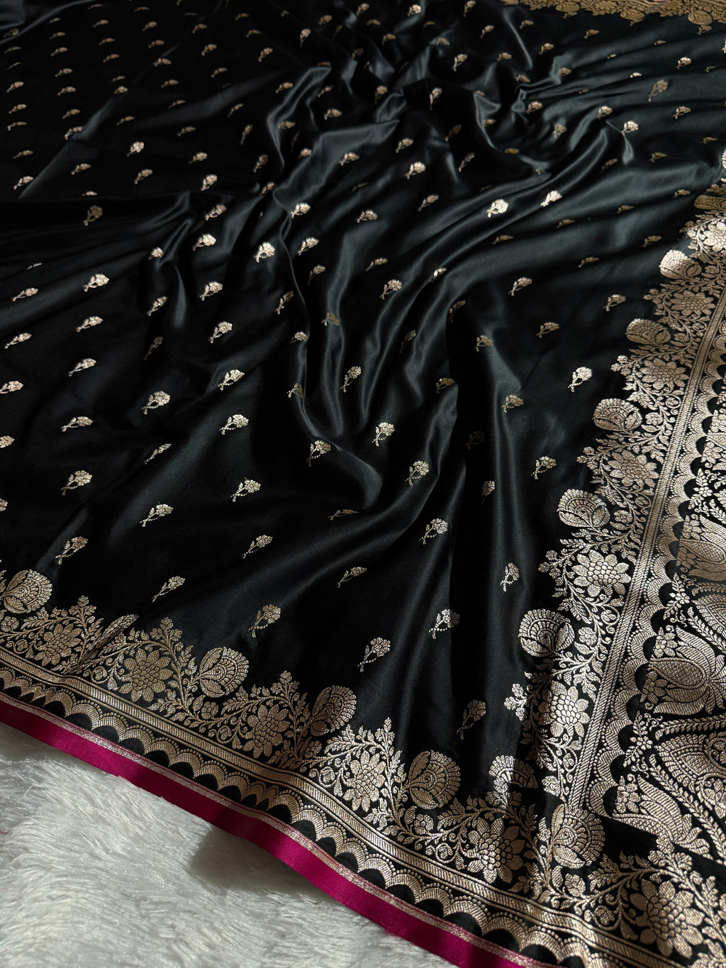 Black Banarasi Mashru Silk Saree with Jacquard Woven Fancy Buta Design  MKS022