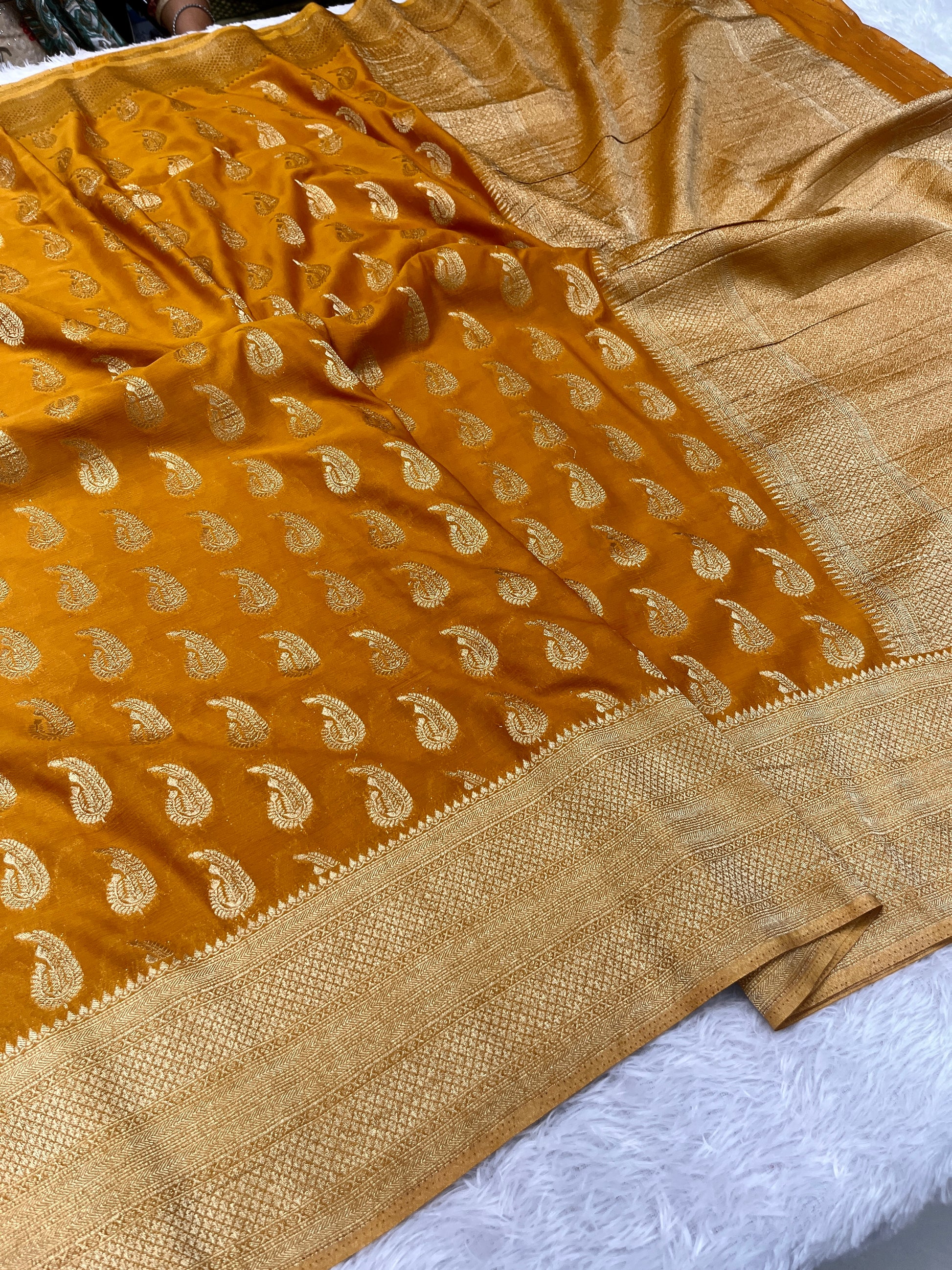 Chinon Silk Karry  Buta  Design Mustard color  Saree CN07