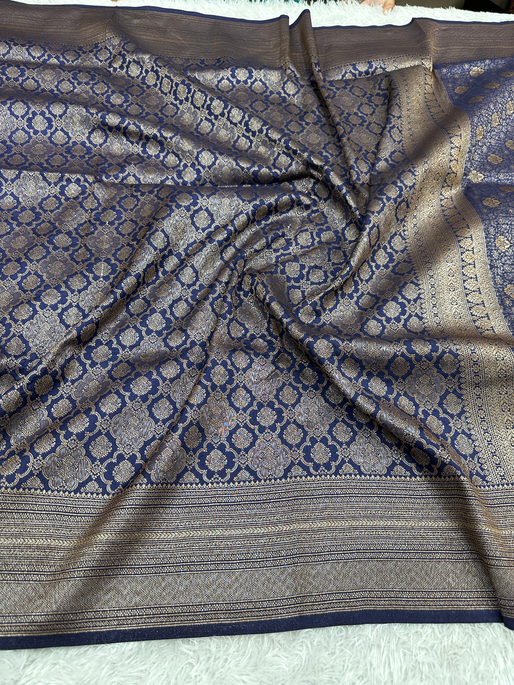 Navy blue Banarasi Dupion Silk Saree with Embossed Antique Zari Weaving & Rich Antique Zari Pallu | STF97