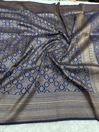 Navy blue Banarasi Dupion Silk Saree with Embossed Antique Zari Weaving & Rich Antique Zari Pallu | STF97