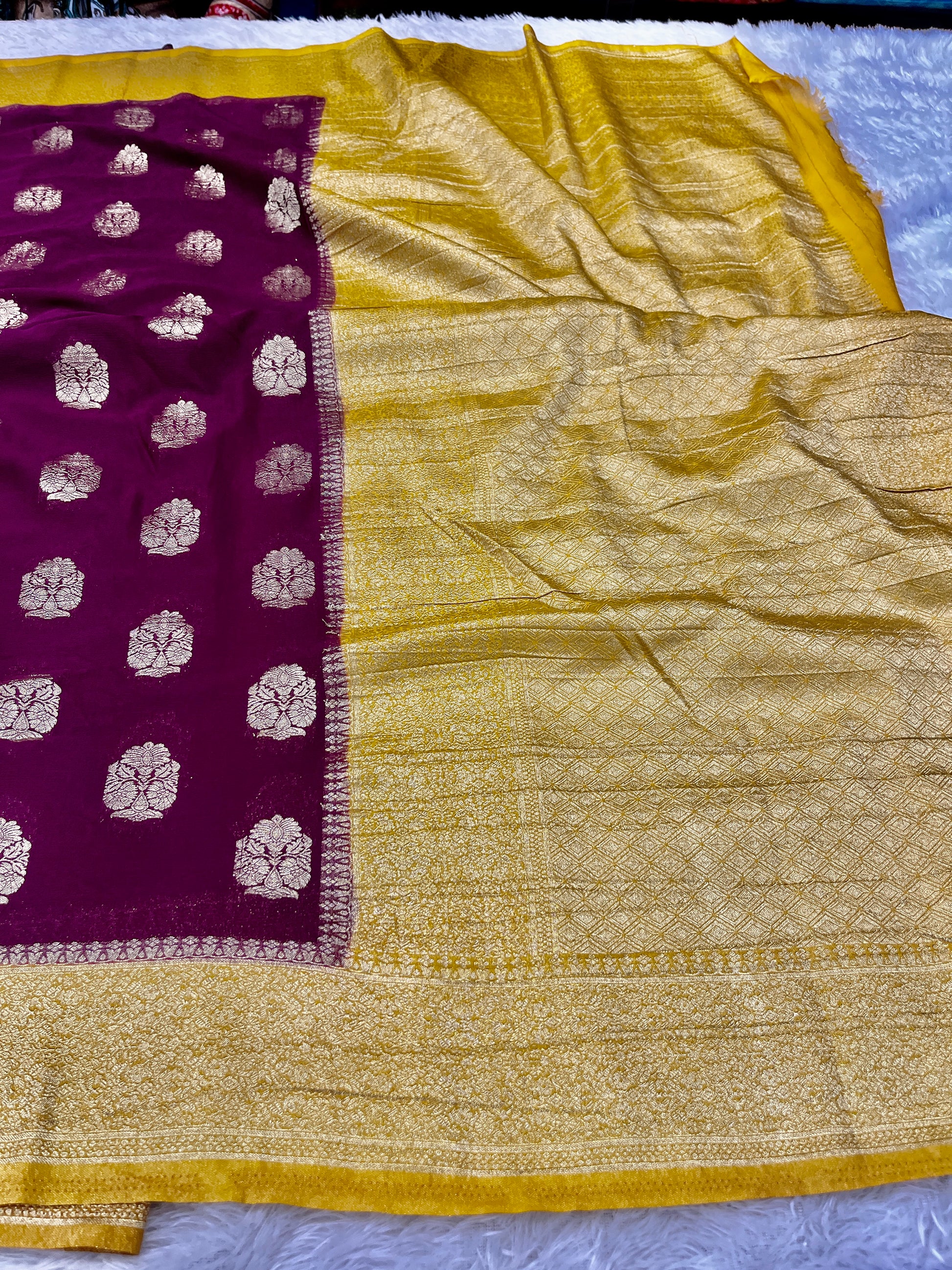 Chinon Silk Royal Buta Design Wine with Yellow  Saree CN08