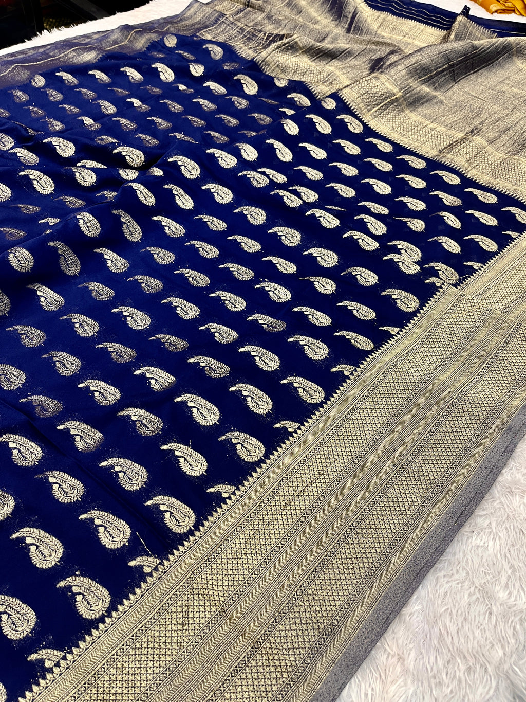 Chinon Silk Karry  Buta  Design Navy blue Saree CN07