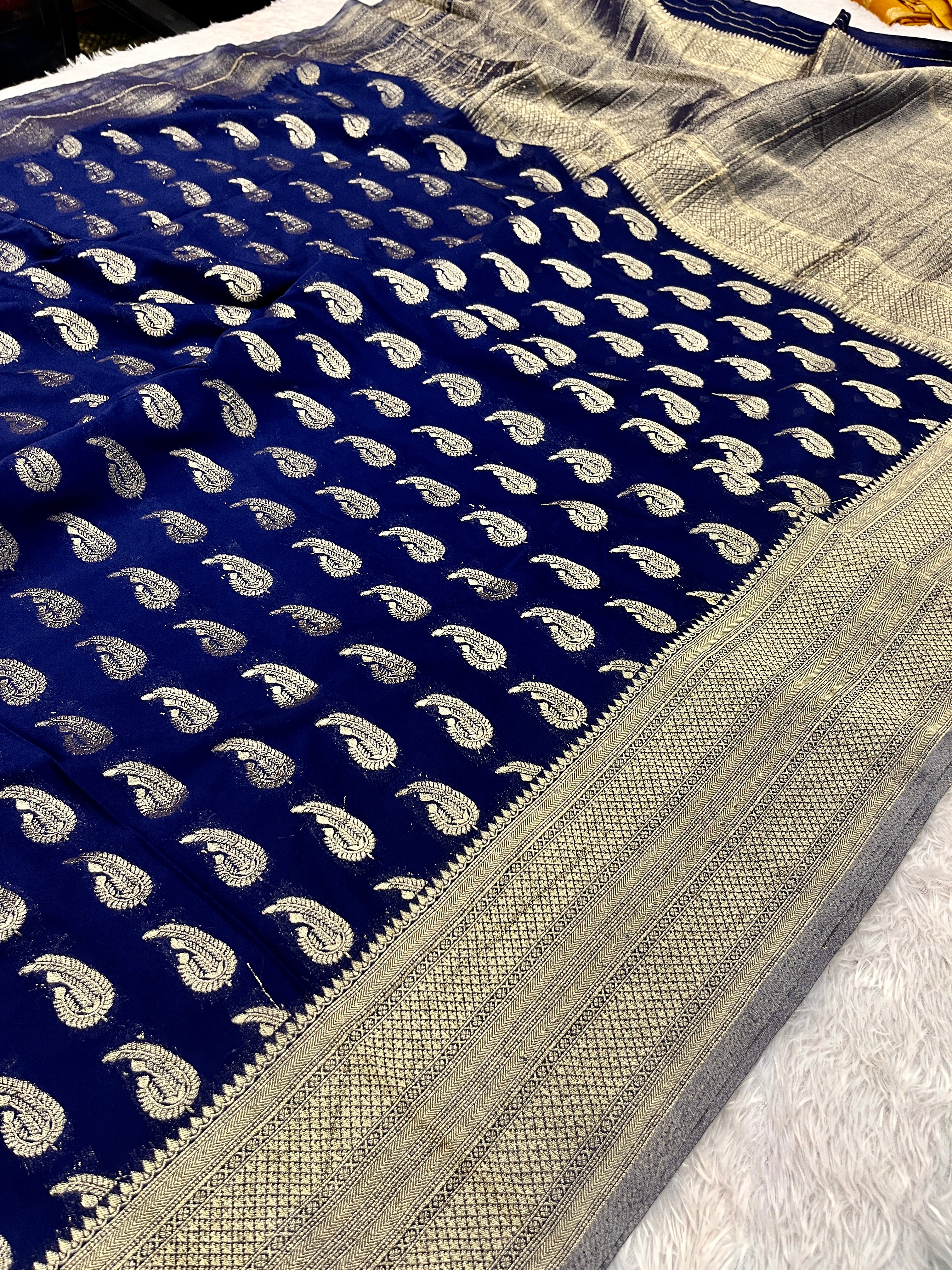 Chinon Silk Karry  Buta  Design Navy blue Saree CN07