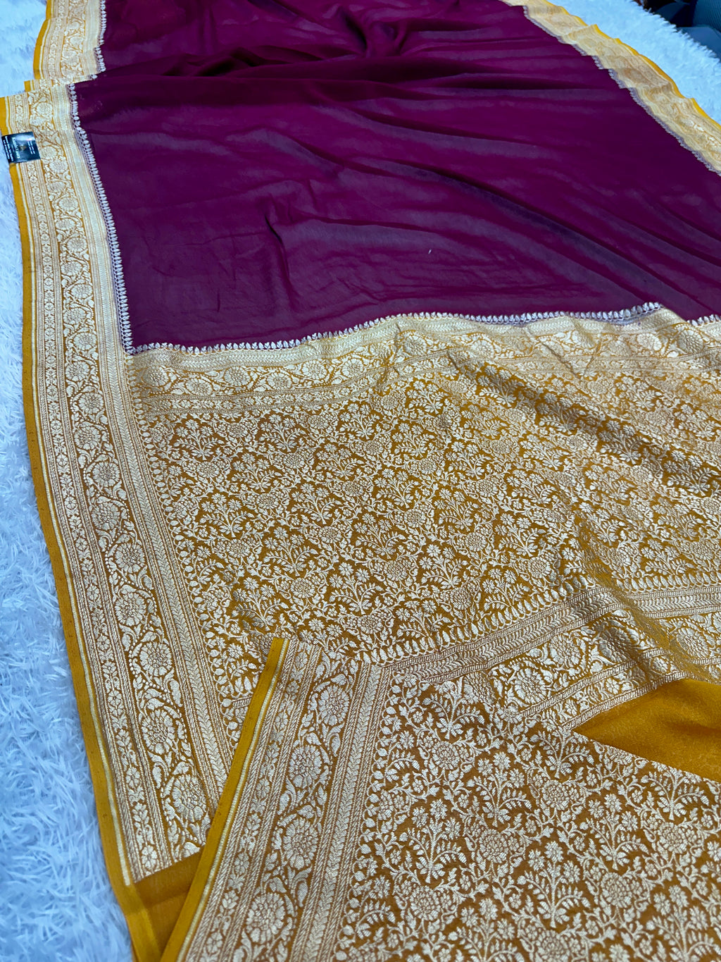 Pure Silk Georgette Wine & Yellow Banarasi Saree with Nimzari Woven Border & Rich Zari Pallu PS152