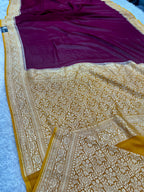 Pure Silk Georgette Wine & Yellow Banarasi Saree with Nimzari Woven Border & Rich Zari Pallu PS152