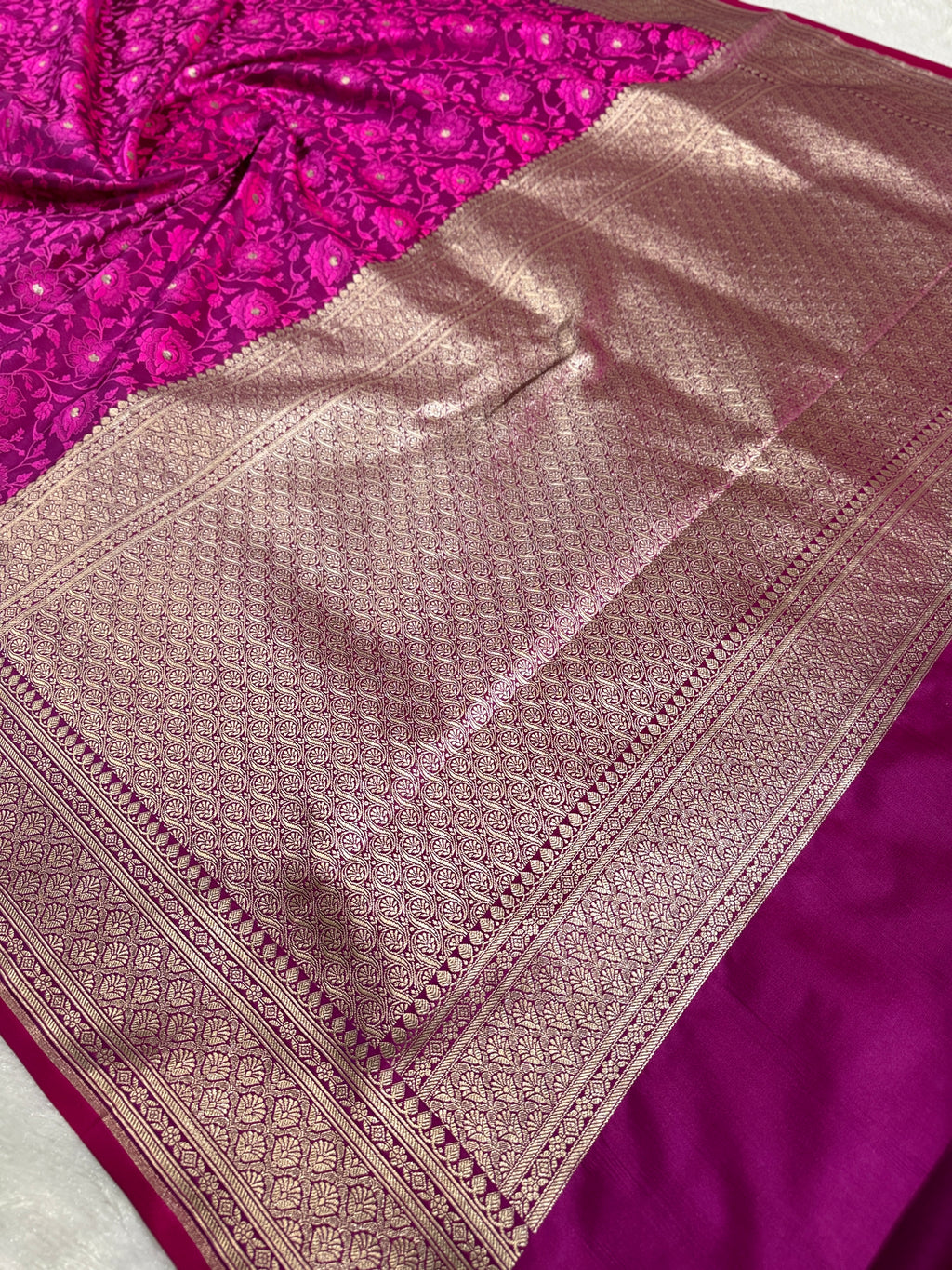 Rani Pink Banarasi Mashru Silk Saree with Dual Tone Tanchoi Jacquard Woven Design MKS095