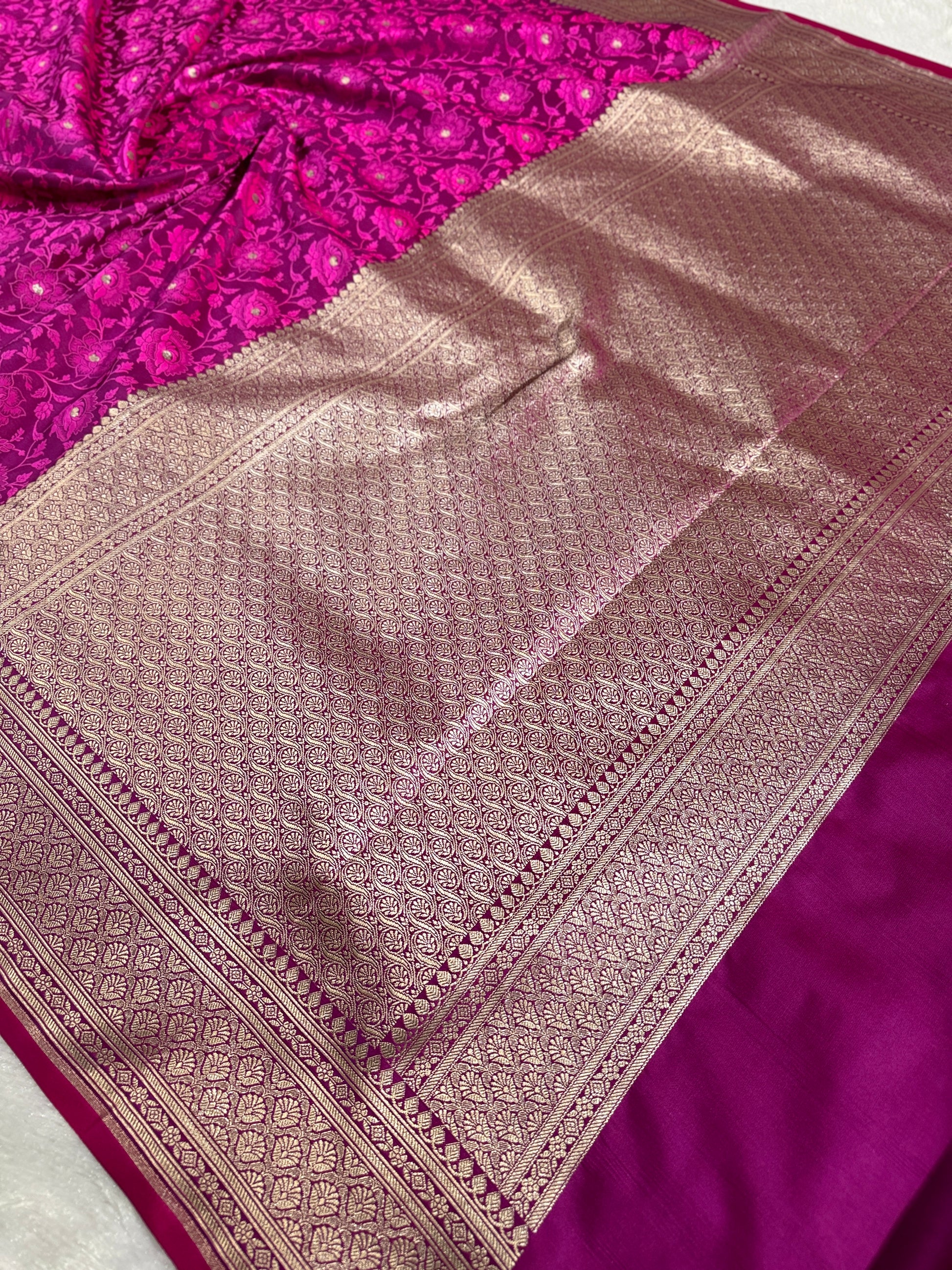 Rani Pink Banarasi Mashru Silk Saree with Dual Tone Tanchoi Jacquard Woven Design MKS095
