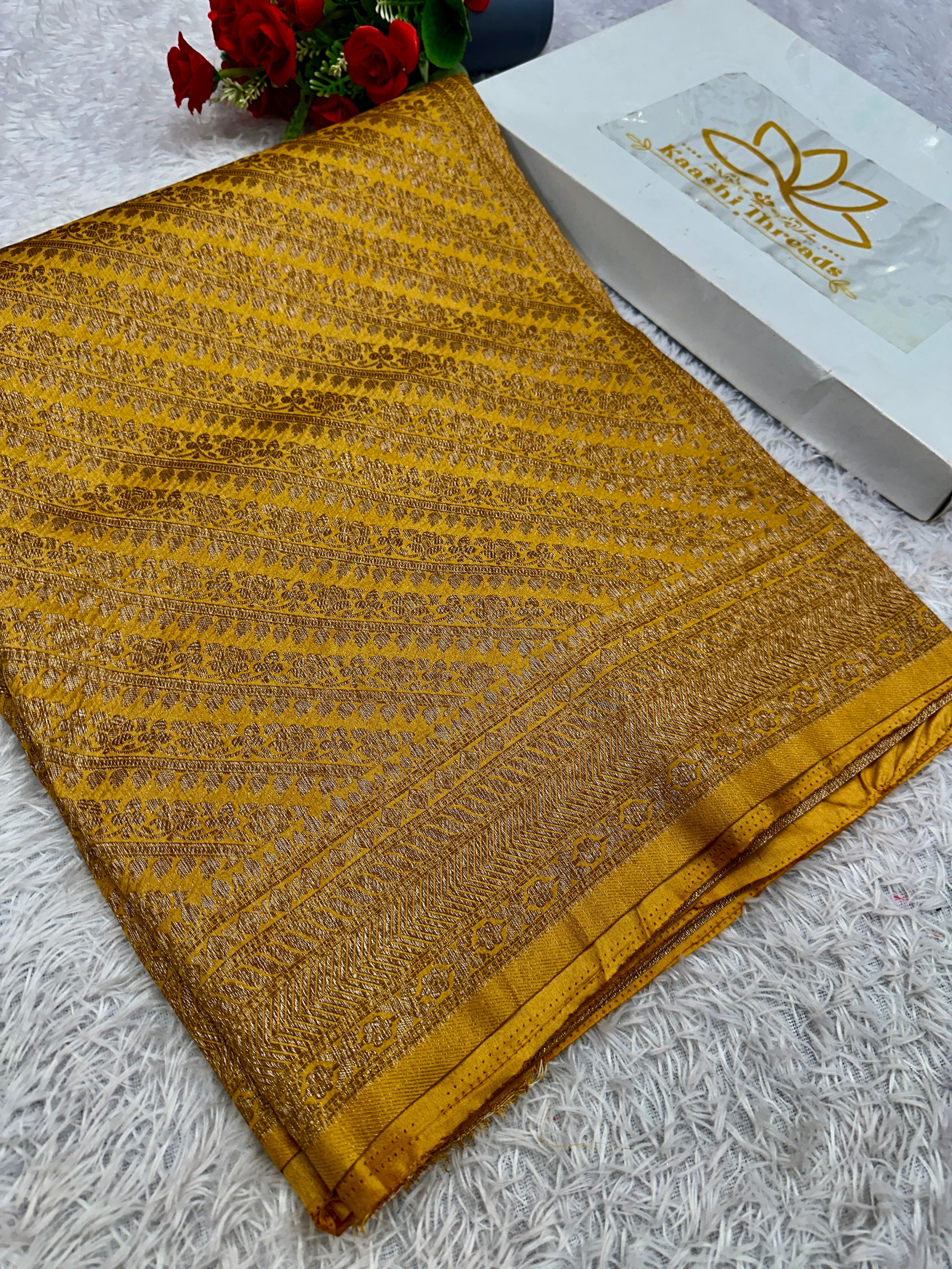 Banarasi Yellow Dupion Silk Saree with Embossed Antique Zari Weaving & Rich Antique Zari Pallu | STF57