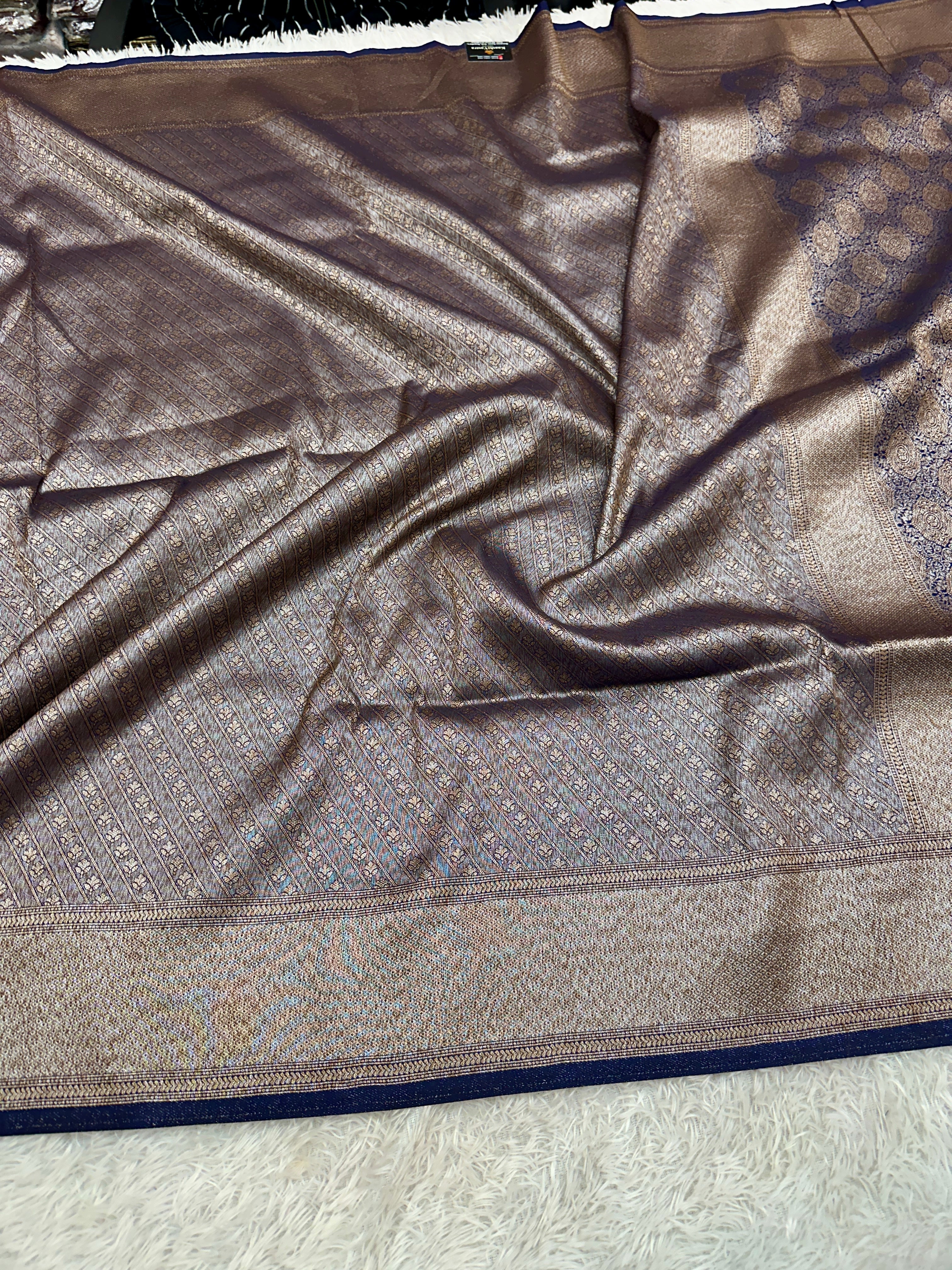 Navy Blue Banarasi Dupion Silk Saree with Embossed Antique Zari Weaving & Rich Antique Zari Pallu | STF59