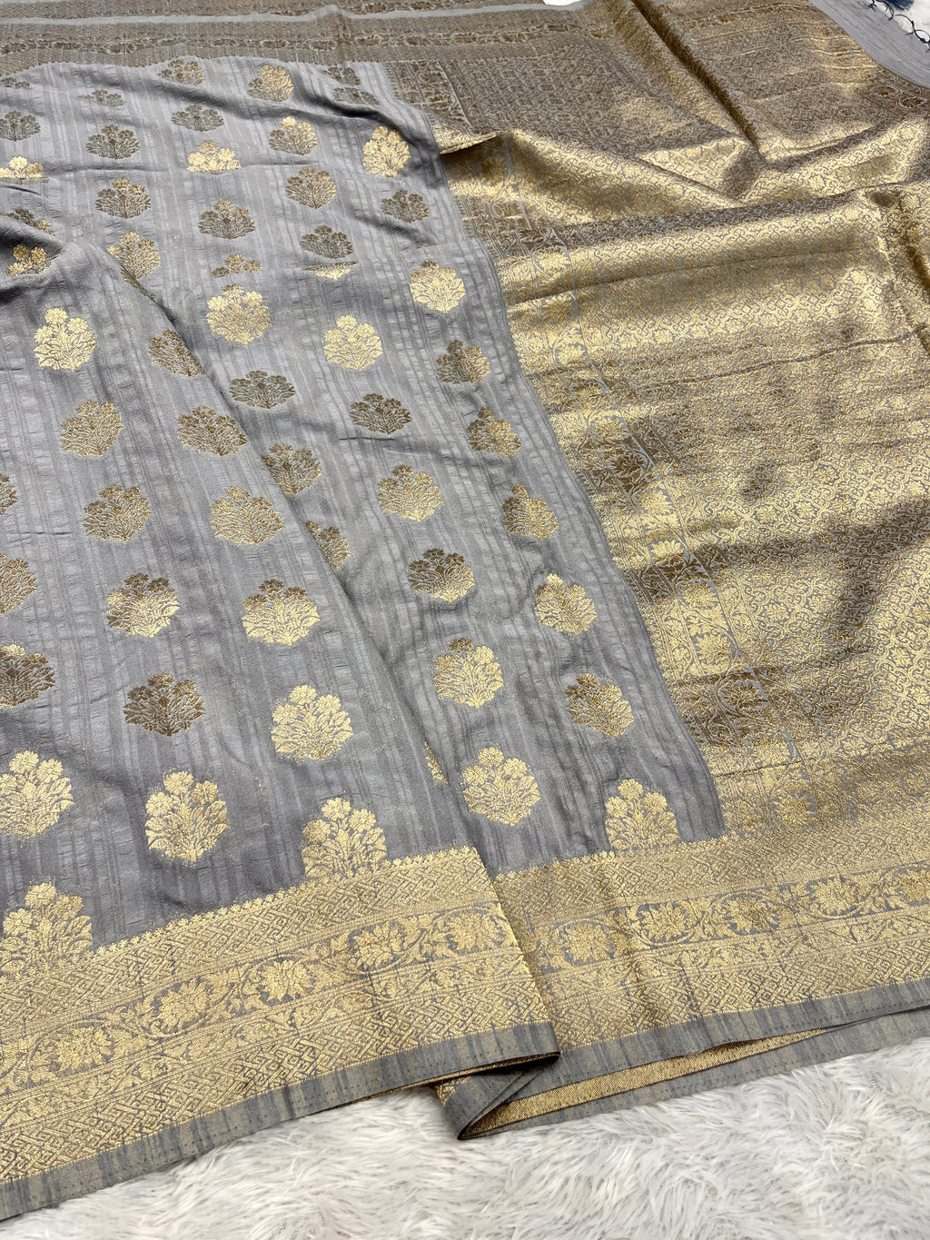 Raw Silk Zari Buta Grey  color  Saree RS002