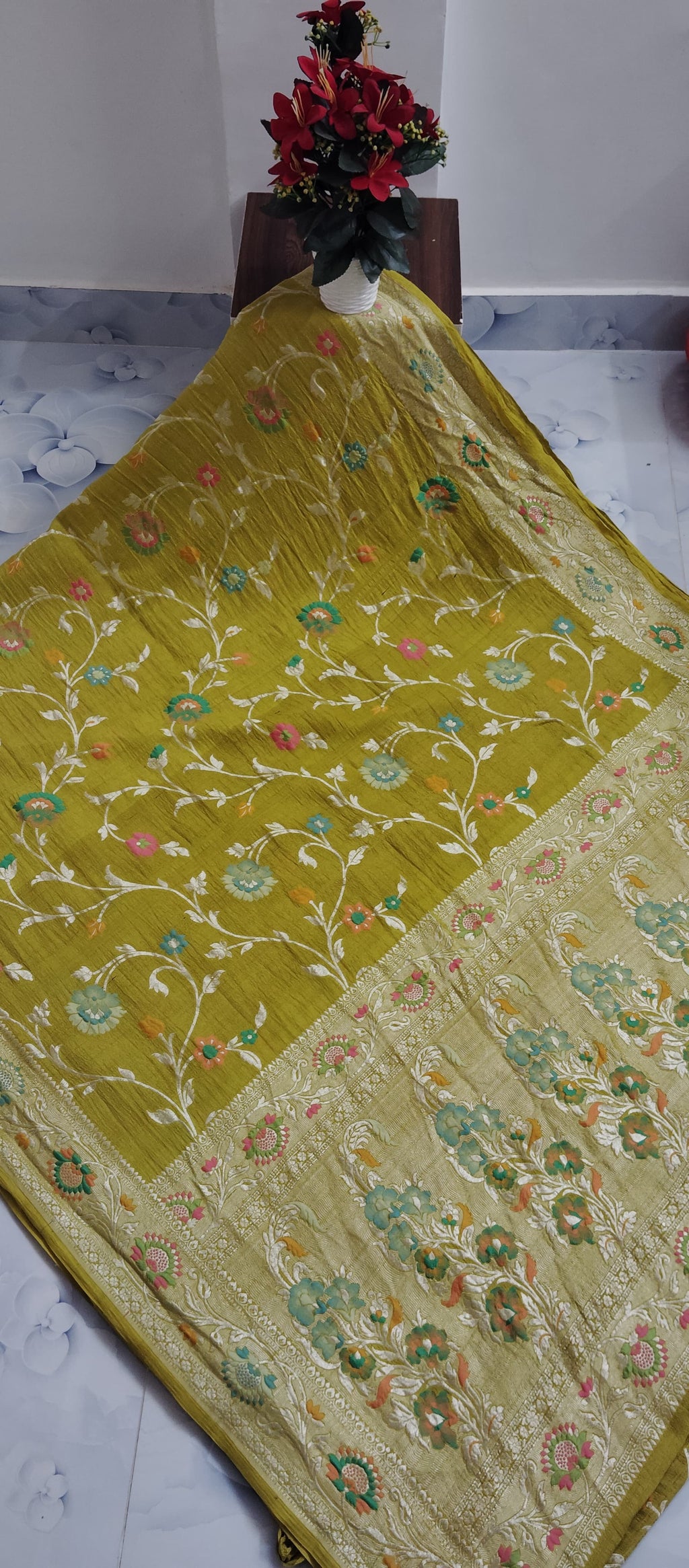 Pure Silk Tussar Banarasi Saree with All-over Meenakari Jaal Woven Pattern TSS12