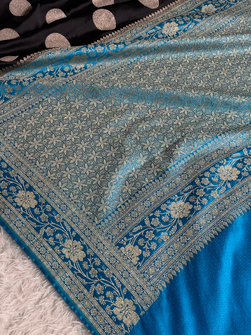 Black & Light Blue Mashru Kataan Silk Saree with Dollar Buta Woven Design & Rich Zari Pallu | MKS850