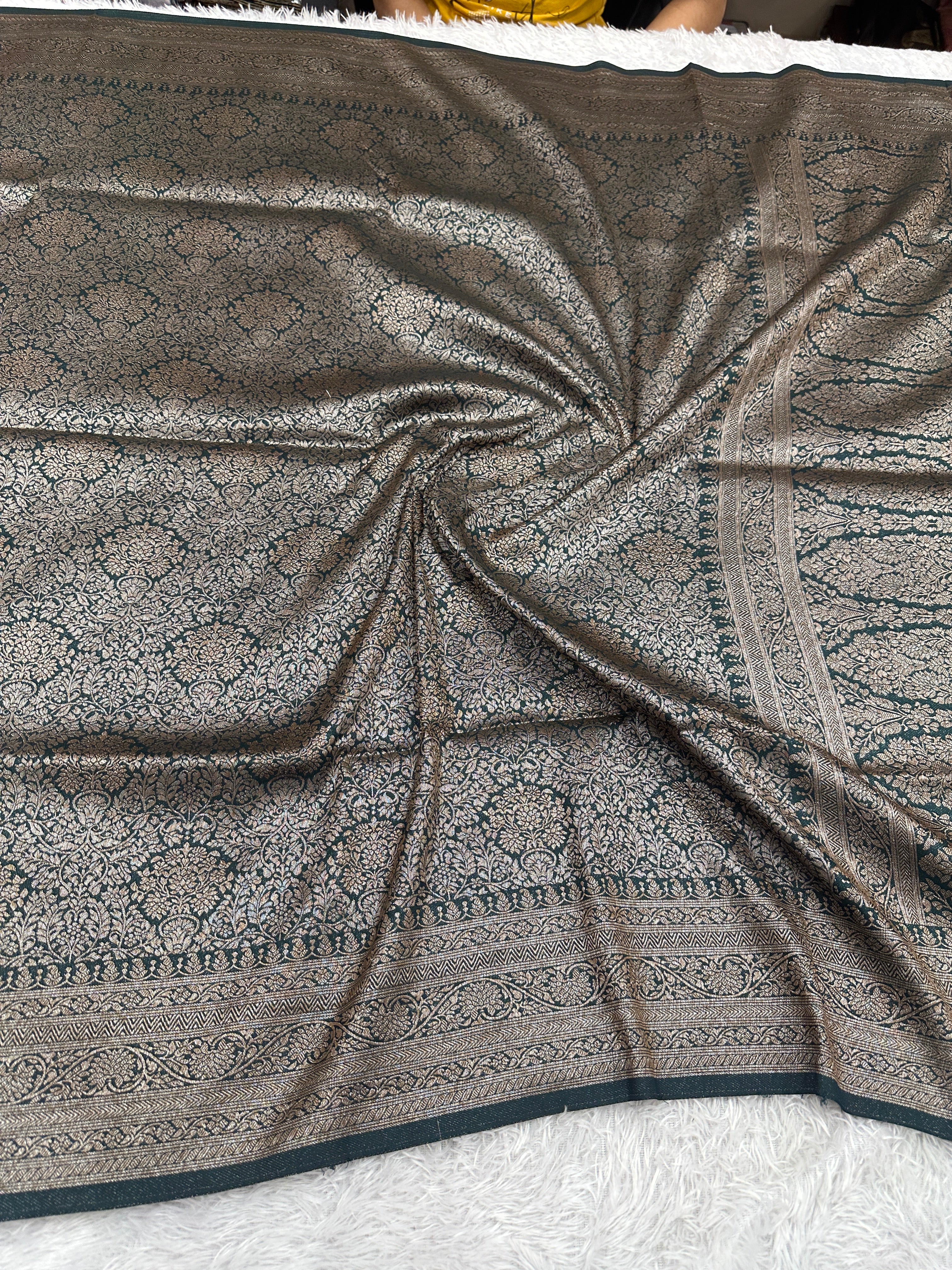 Bottle Green Banarasi Dupion Silk Saree with Embossed Antique Zari Weaving & Rich Antique Zari Pallu | STF78